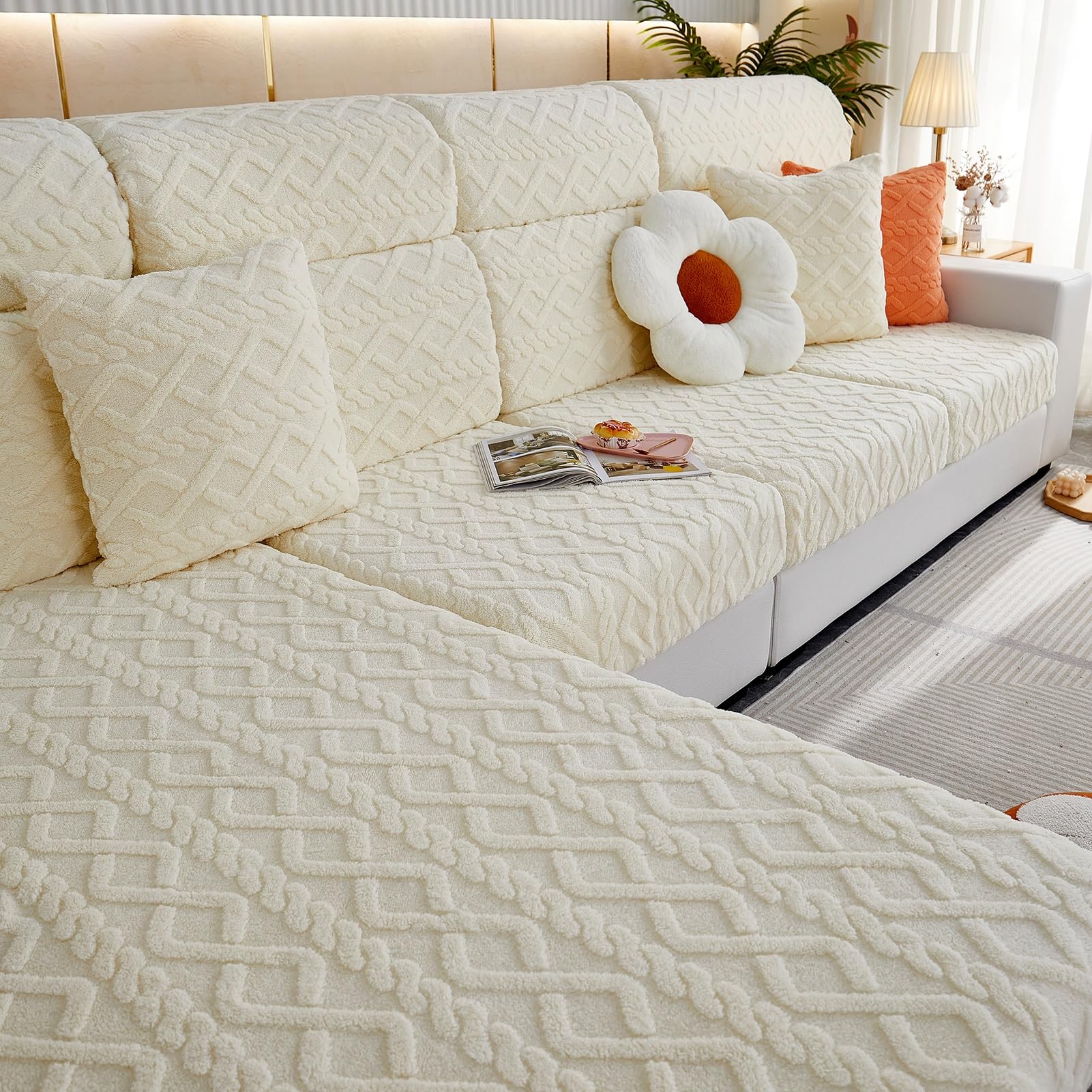 Sofa cover Warm stretch fabric sofa protectors cove Anti-slip Solid color simple Sofa Slipcovers Home protectors Sofa fitted sheet (Color : Rice white, Size : 25-35cm x 60-80cm)