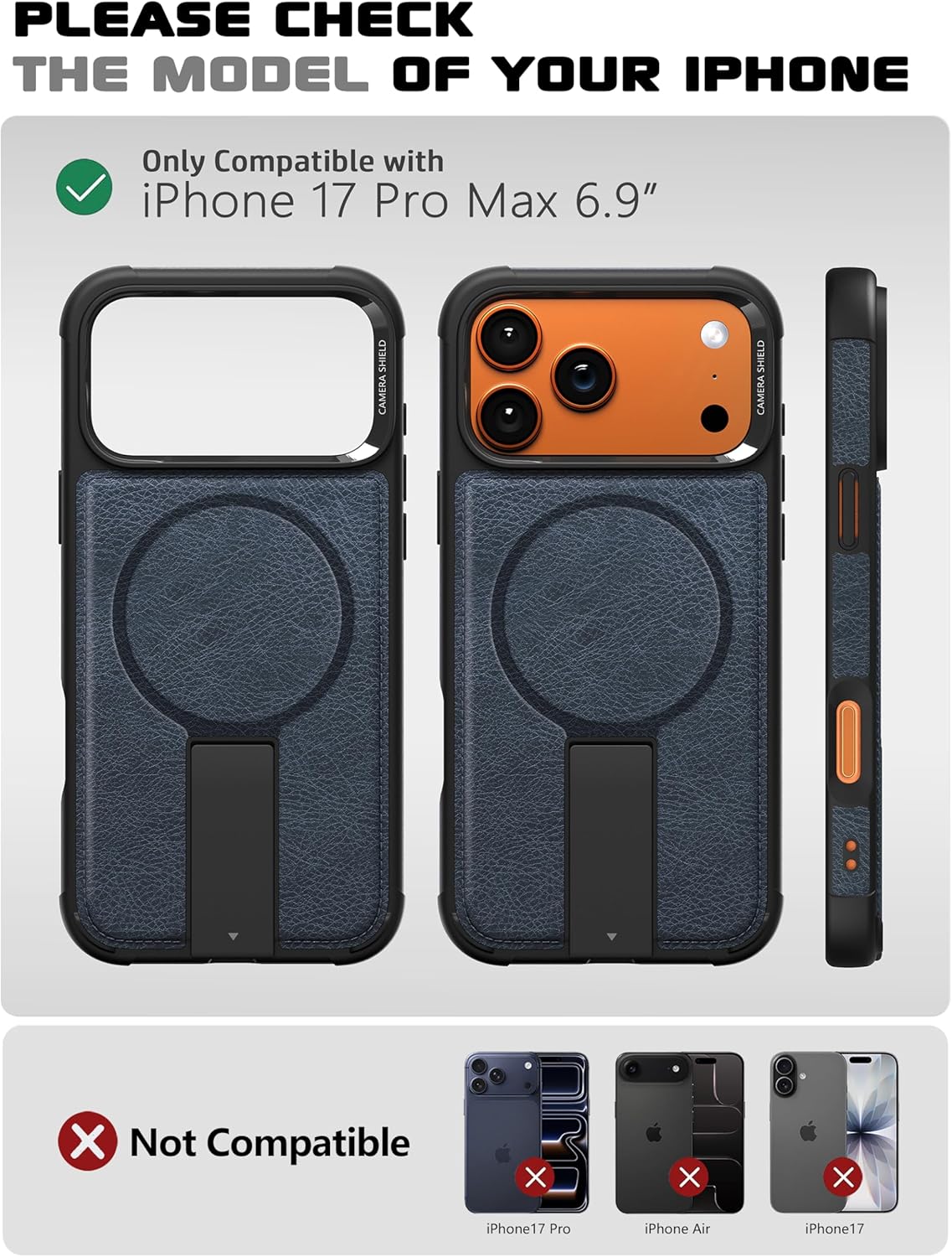 Strong Magnetic for iPhone 17 Pro Max Case Leather,[Compatible with MagSafe], Adjustable Kickstand, Shockproof Protective Cover for iPhone 17 Pro Max ，Blue