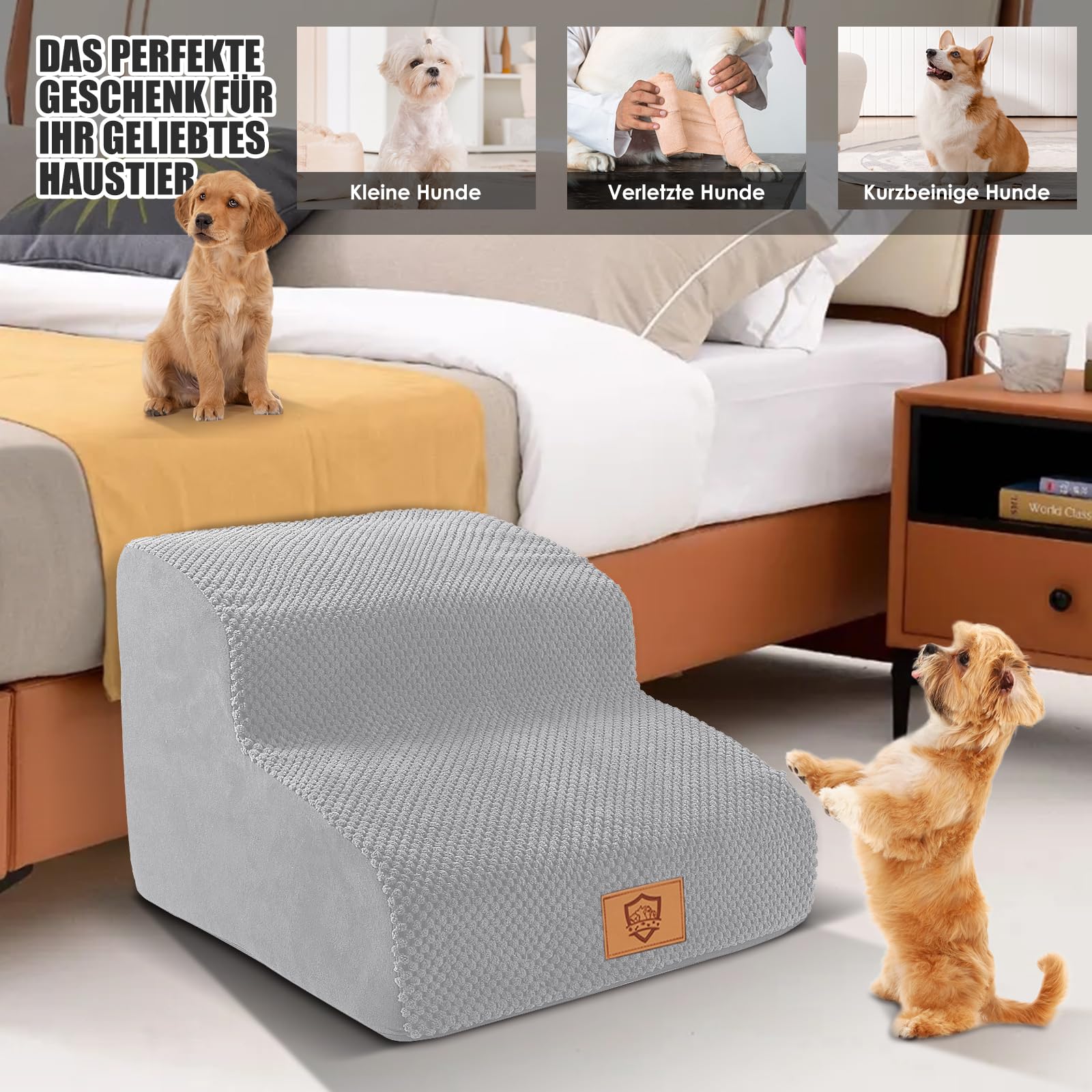 Myiosus Scaletta per Cani 2 Gradini, Scala per Cani con Rimovibile Lavabile Copertura, Rampa per Animali In Schiuma Ad Alta Densità, Gradini Antiscivolo per Cuccioli Gatti, Grigio Chiaro