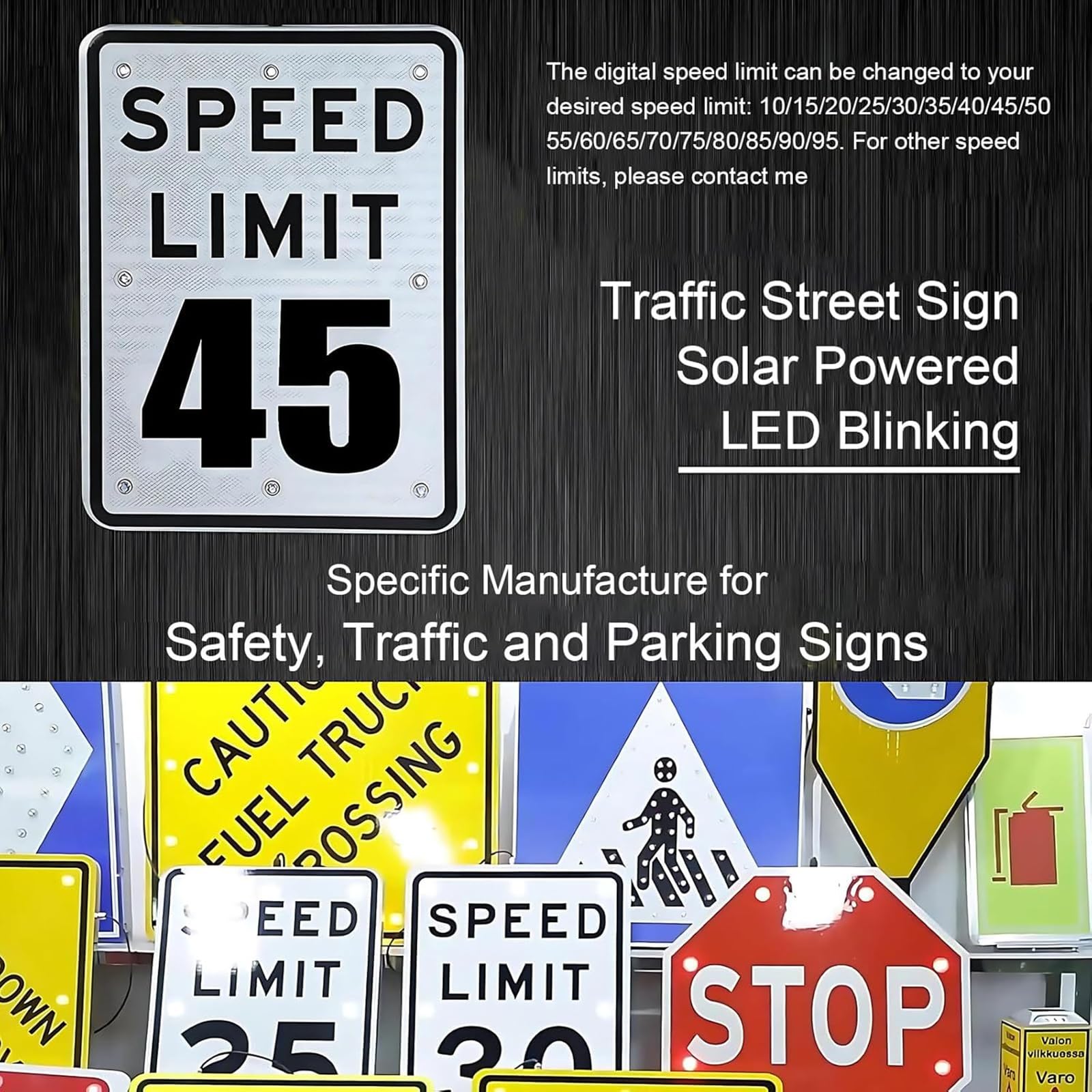 Señal LED de límite de velocidad intermitente con energía solar, señal de advertencia de tráfico de alta visibilidad, impermeable IP65 para uso en carretera y exteriores