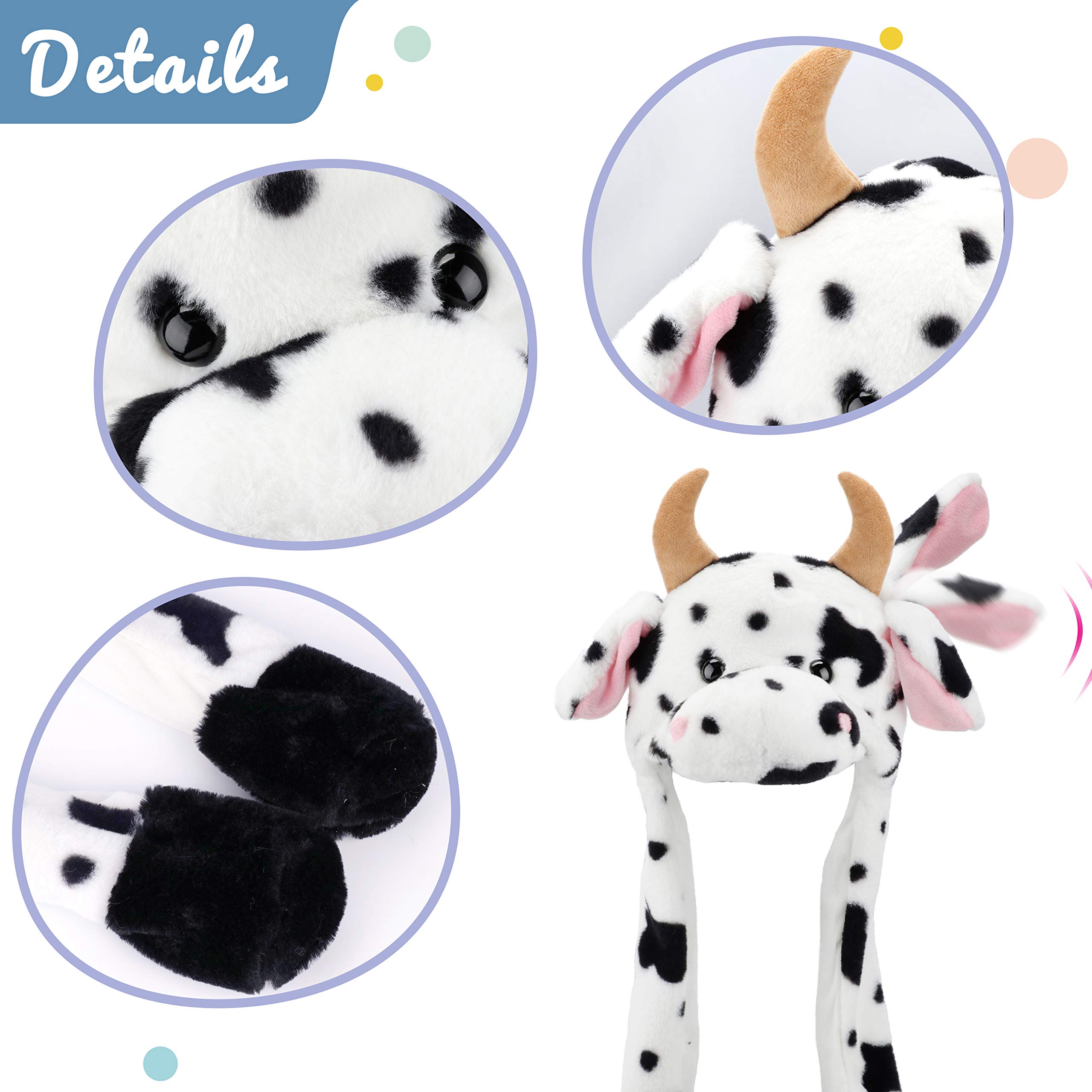 Hopearl Cow Hat with Ears Moving Jumping Pop Up Beating Hat Plush Farm Animal Holiday Cosplay Dress Up Funny Gift for Kids Girls, 22''