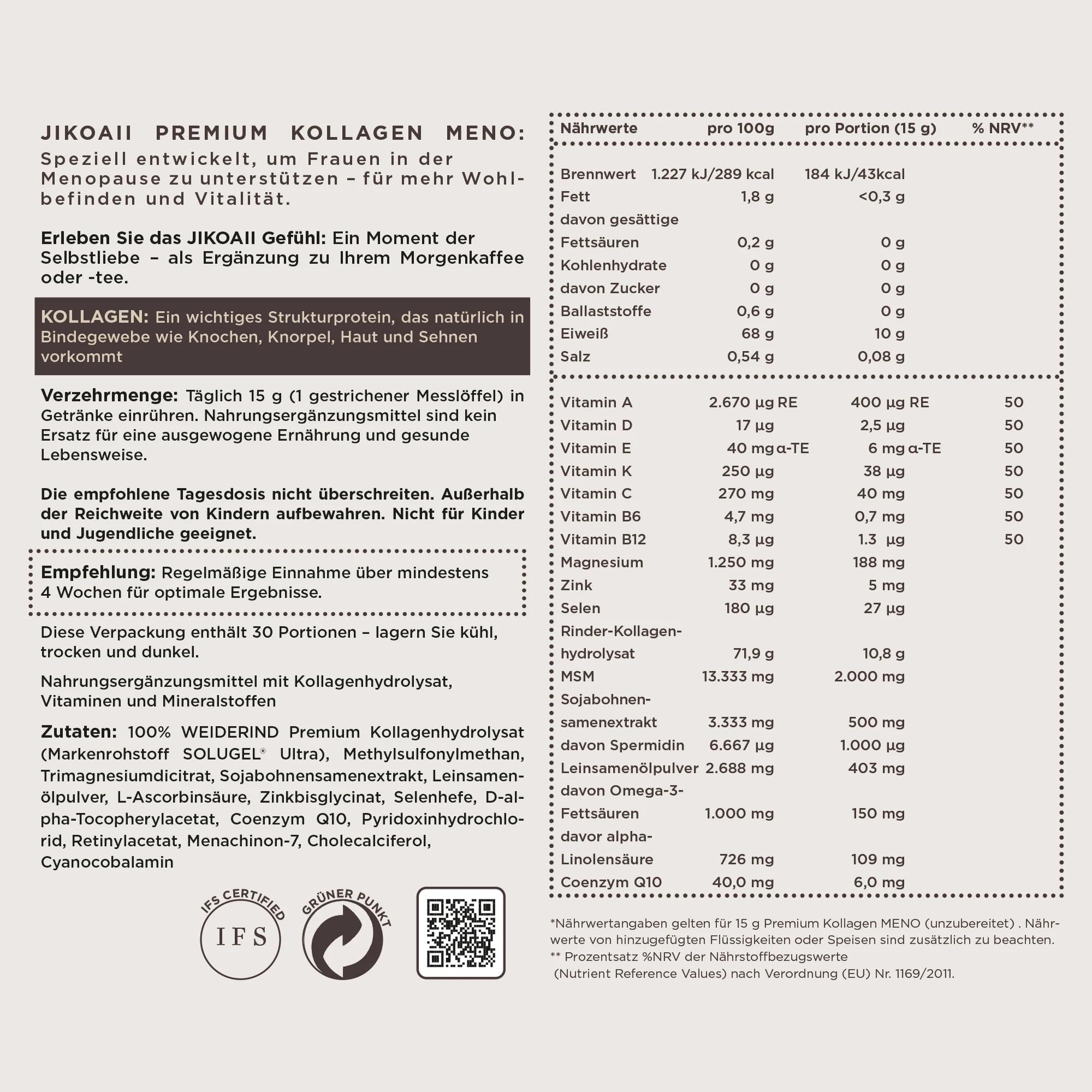 Kollagen Pulver Meno, Vitamin C, Typ I II III, 450 g, Neutral | Collagen Peptide Typ I II III aus Weiderind, Frauen in Wechseljahren, Beauty-Routinen, neutraler Geschmack, Made in Germany