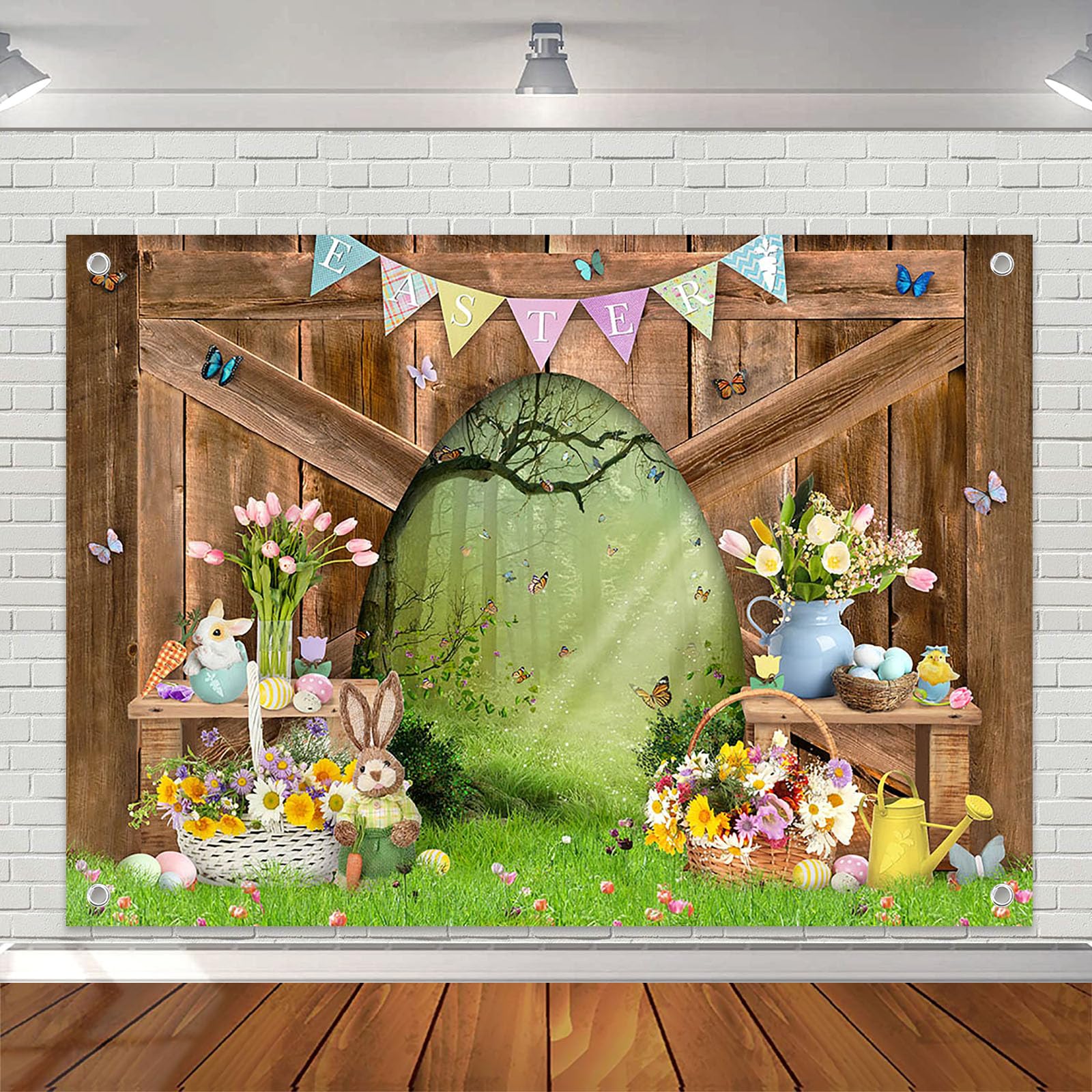 Avezano Spring Easter Backdrop Wooden Door Happy Easter Party Decorations Bunny Rabbit Butterfly Eggs Easter Backdrops for Photography Rustic Grass Happy Easter's Day Decor (8x6ft), Clear