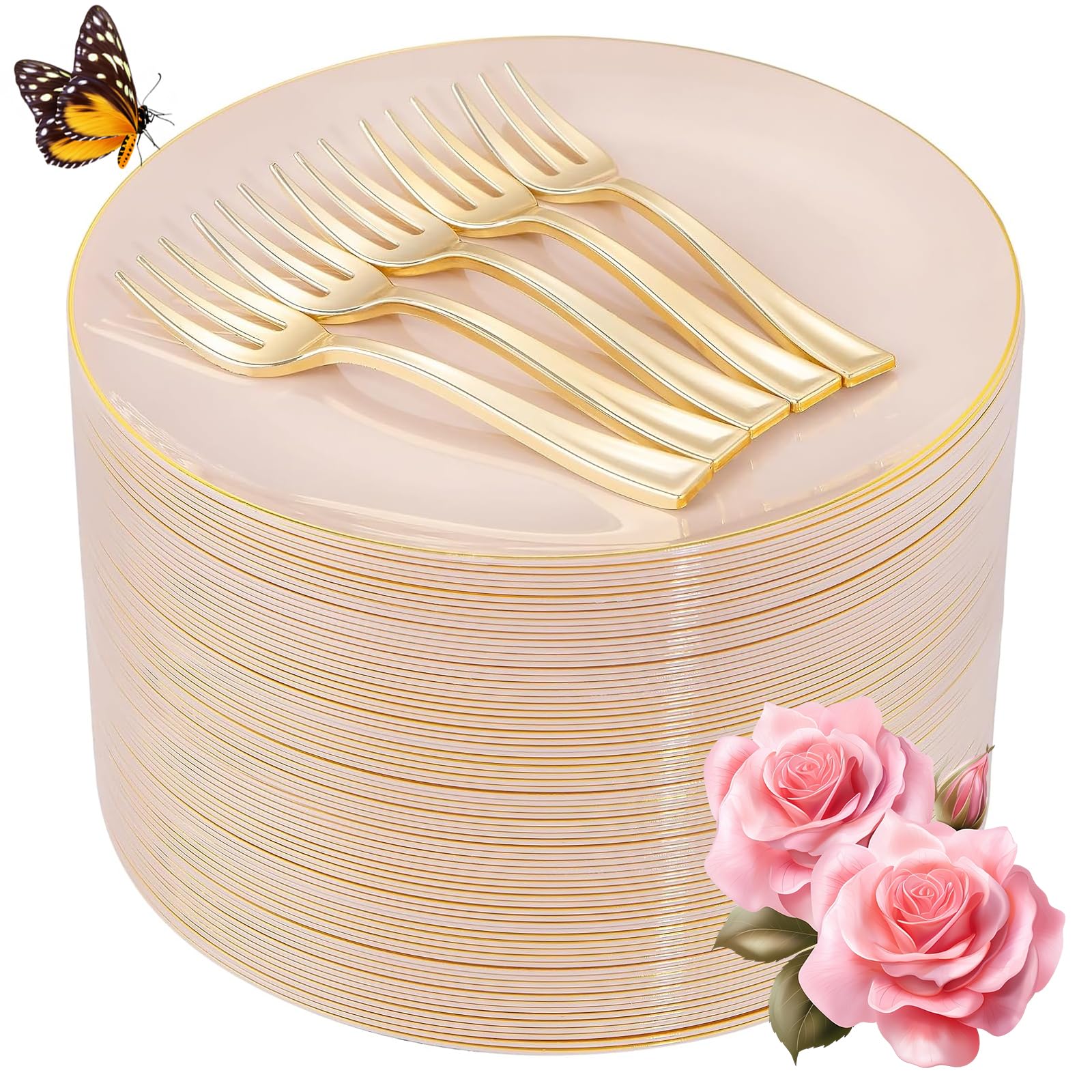 LIYH 200 Pcs Pink Gold Dessert Plates and Forks, Small Cake Plates 7.5 Inch, Party Plate and Forks 5 Inch for Bridal Shower, Birthday Tea Party