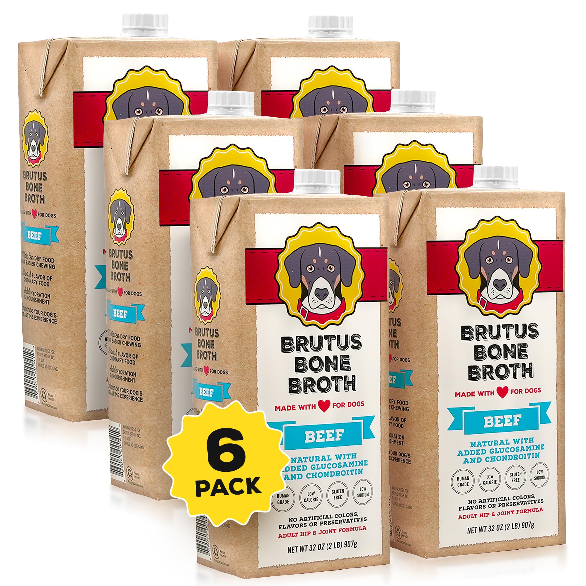 Brutus Beef Bone Broth for Dogs - All Natural Bone Broth with Chondroitin Glucosamine & Turmeric, Human Grade Food Toppers for Picky Eaters & Dry Food -Tasty & Nutritious- Pack of 6