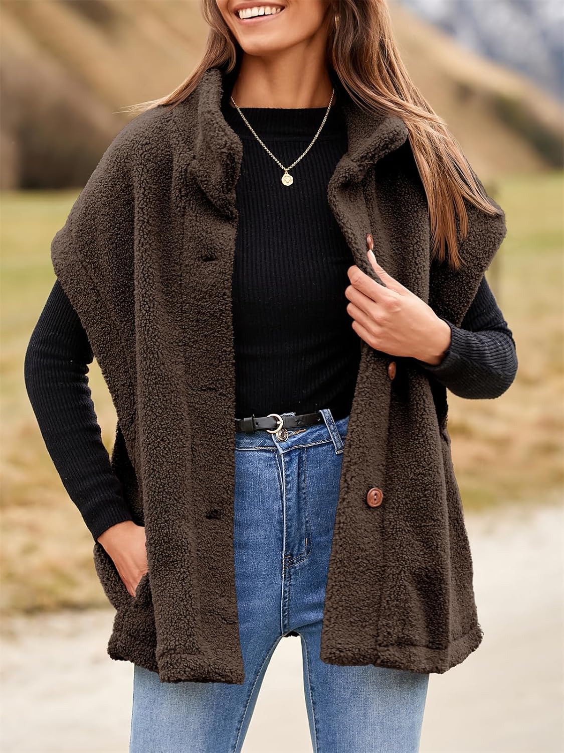 Tanakneo Womens Oversized Fleece Vest Sleeveless Fuzzy Sherpa Jacket Trendy Casual Button Down Warm Vests Outerwear - Image 2