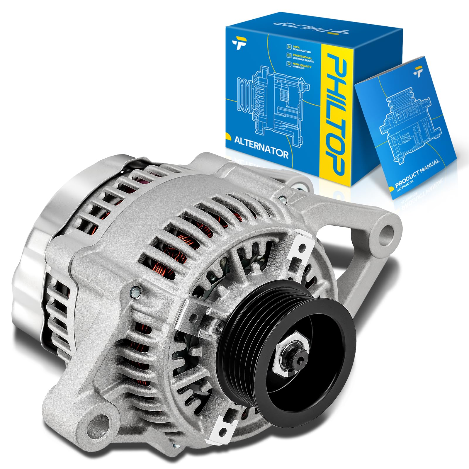 PHILTOP Alternator Compatible with Cherokee 1999-2000 4.0L, Wrangler 1999, Wrangler 2000 2.5L, Dakota 1999-2000 2.5L, Cherokee 1999-2000 2.5L Replace 13822N 12V 117Amp CW S6 6-Groove Pulley-image-10