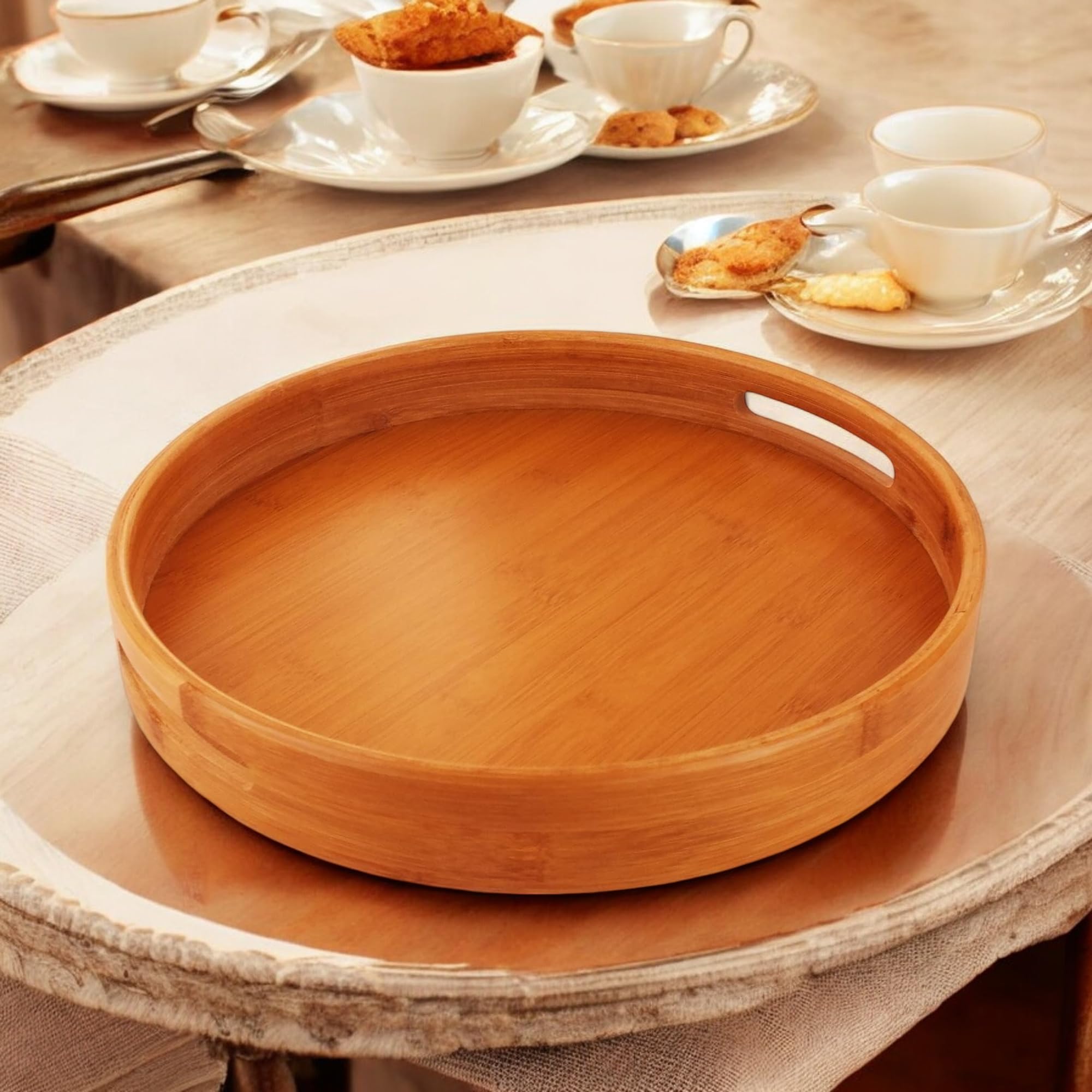 Deconox Taşıma Kulplu Yuvarlak Bambu Tepsi (30 cm) | Doğal Ahşap Servis Tepsisi | Kahve, Kahvaltı ve Dekoratif Masaüstü Organizeri