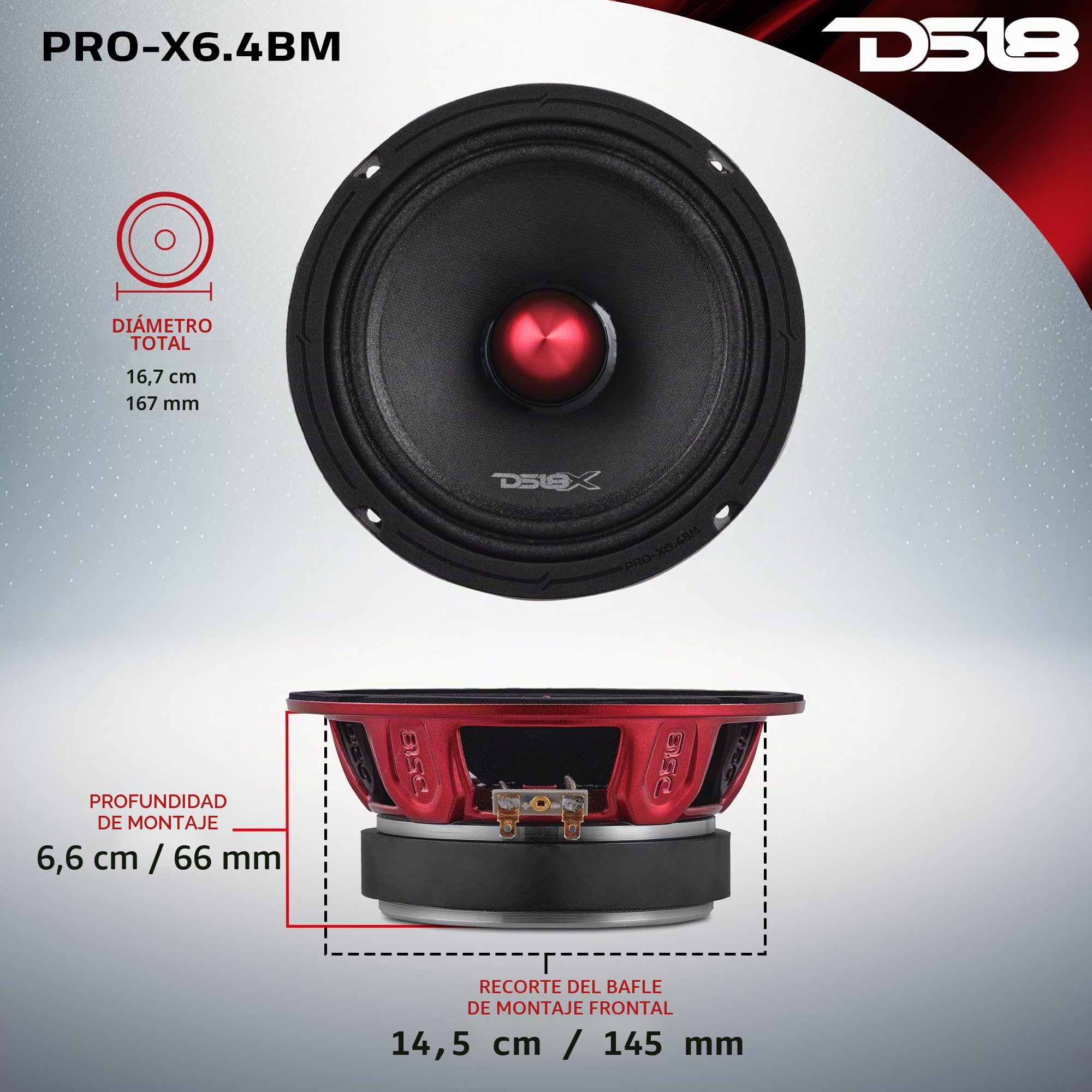 DS18 Pro-X6.4BMPK Paquete Completo Medio y Alto. Incluye 2 Altavoces de Rango Medio de 6.5 Pulgadas y 2 Tweeter Super Bullet de Aluminio de 1 Pulgada con Cruce Integrado – Altavoces de Puerta para