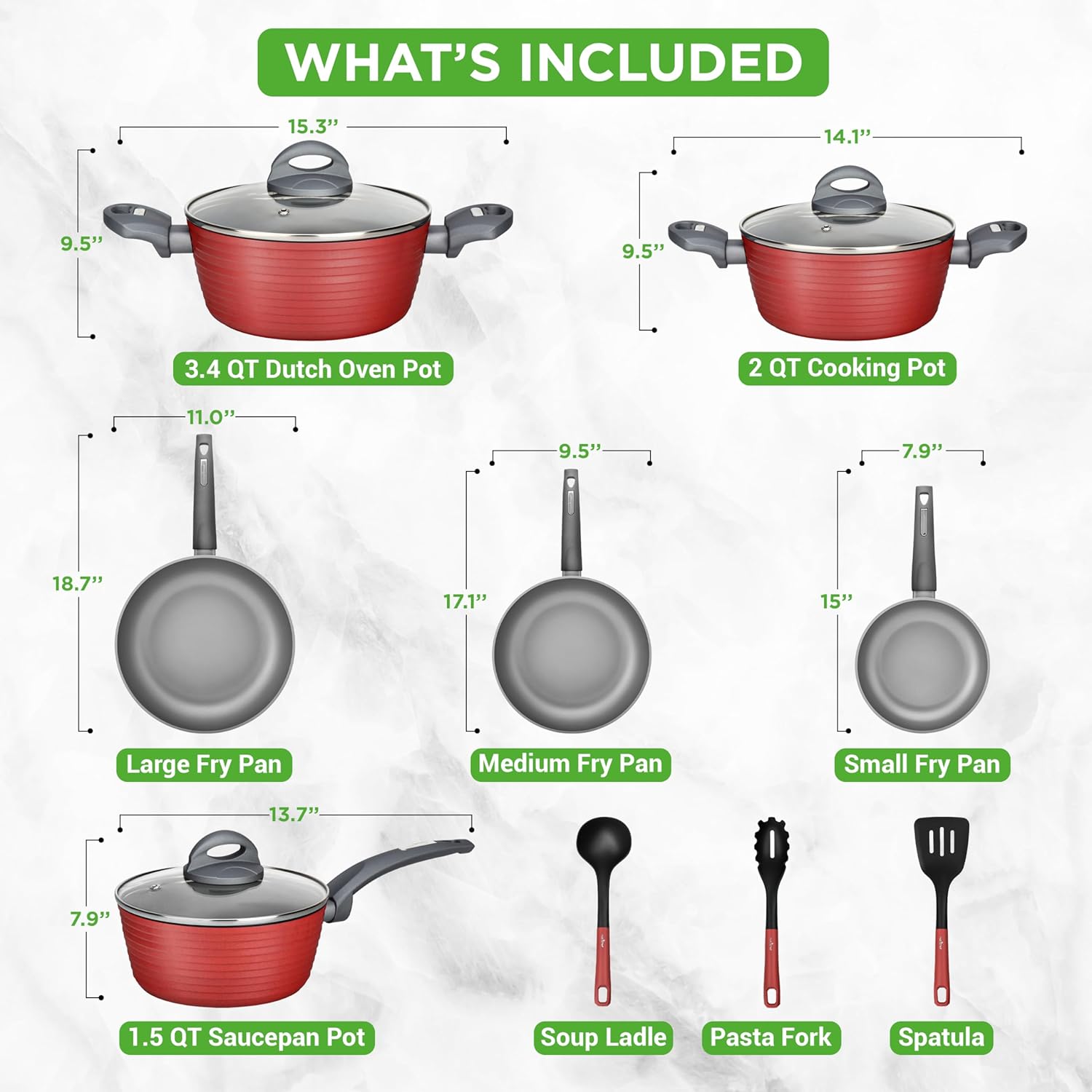 NutriChef 12-Piece Nonstick Kitchen Cookware Set-PTFE/PFOA/PFOS-Free Heat Resistant Lacquer Kitchen Ware Pots Pan Set Dark Gray/Red- Saucepot, Pans, Cooking Pot Oven Pot, Lid, Utensil - NCCW12RED - Image 3