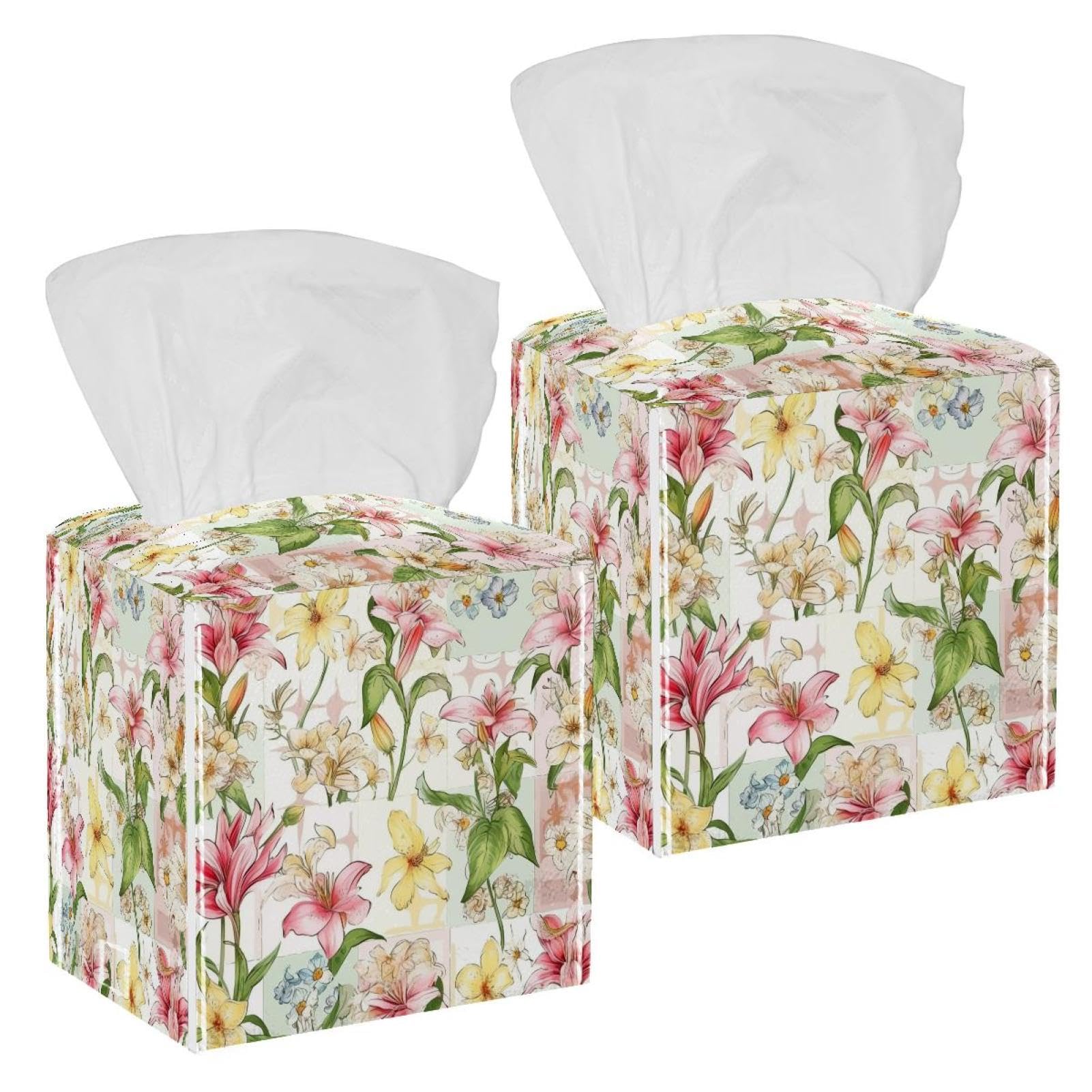 Cartoon Watercolor Lilies Tissue Box Cover, 2 Pack PU Leather Square Facial Tissue Dispenser Box holder for Home Office Car