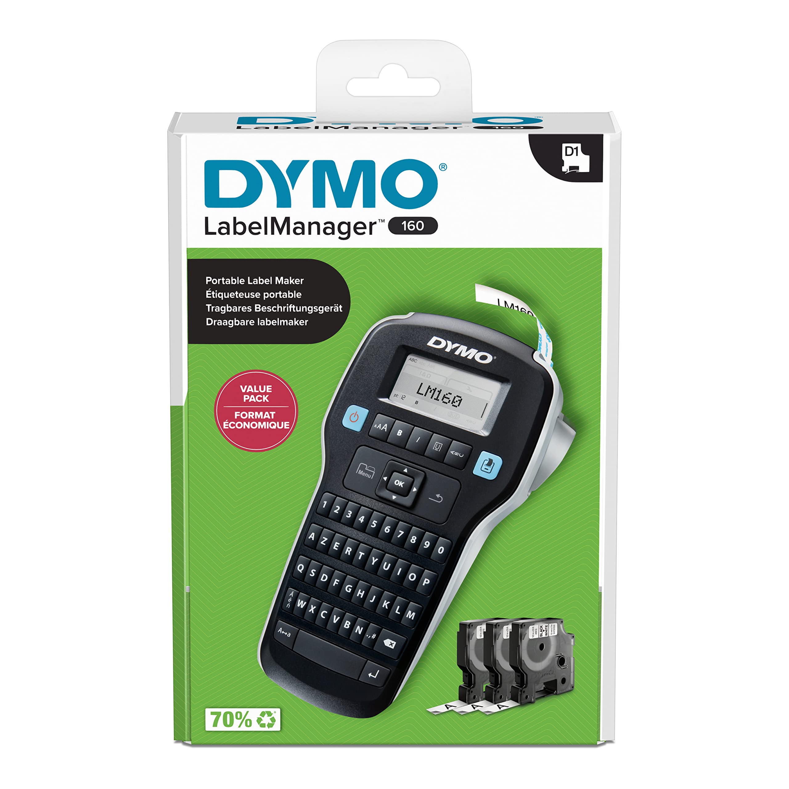 DYMO Kit base con etichettatrice LabelManager 160 | Stampante portatile con 3 rotoli di nastro per etichette Dymo D1 | Tastiera AZERTY | Ideale per ufficio o casa