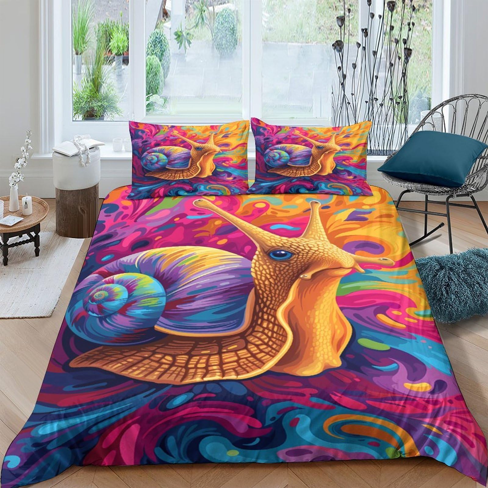 P5V6M1Q9 3D Printed Colourful Snail Duvet Cover Set Microfiber Soft Breathable Abstract Bedding with 2 Pillowcases for Bedroom Decor Single（135x200cm）