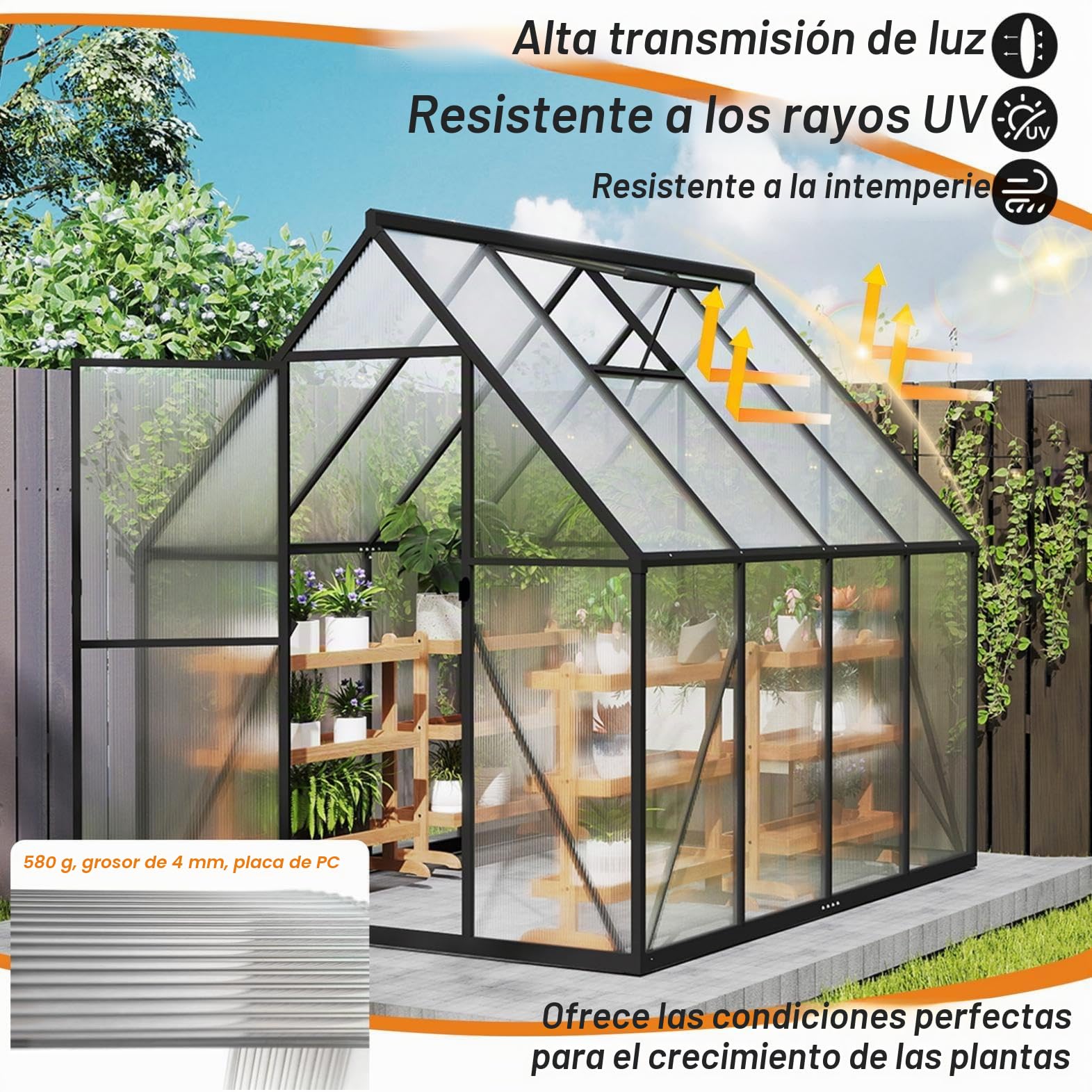 YRHome Jardín de invernadero de aluminio 230 x 180 x 195 cm 4,14 m² con cimientos reforzados, claraboya y puerta, resistente a la intemperie y resistente a la temperatura para tomates, verduras y