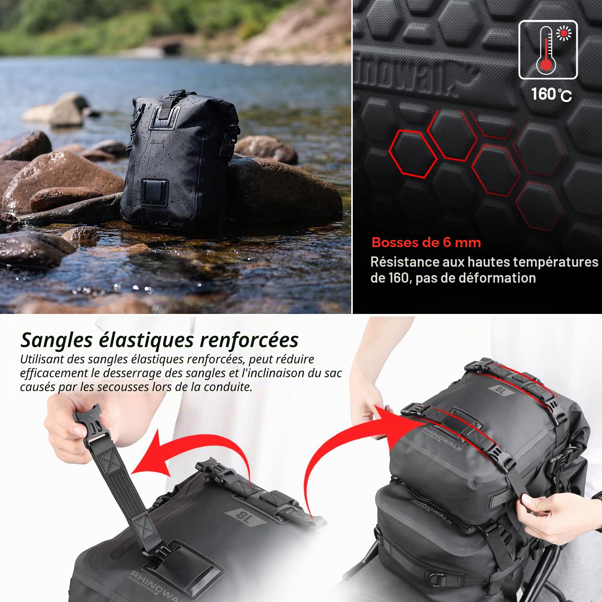 Rhinowalk sac de voyage étanche, sacs de queue de moto, siège arrière – Noir 30 l