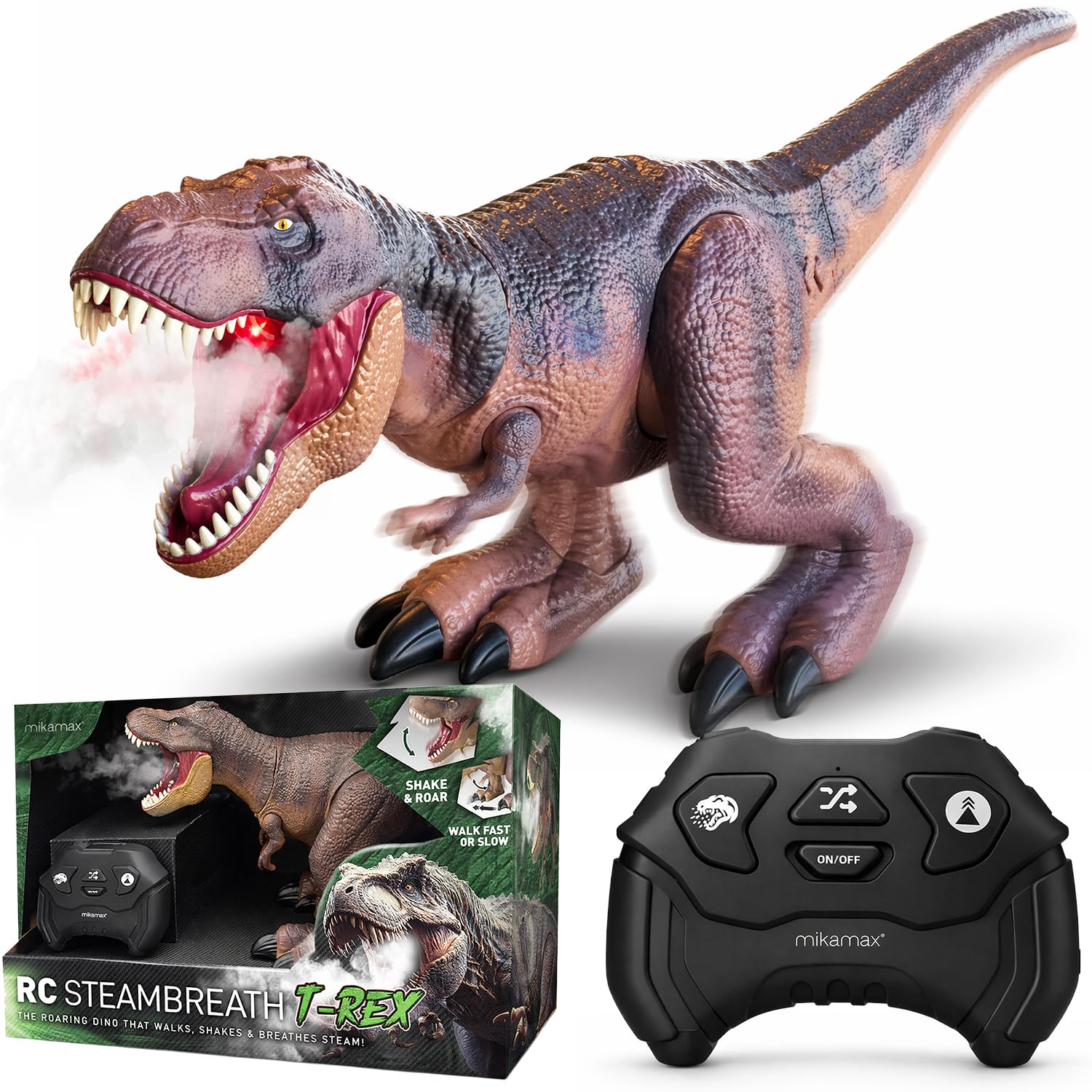 mikamax RC T-Rex Dinosaurier - Dampfatmung Effekt - Ferngesteuerter Laufender Dino - Licht & Sound - Realistischer Rauch - Interaktives Kinderspielzeug Geschenk