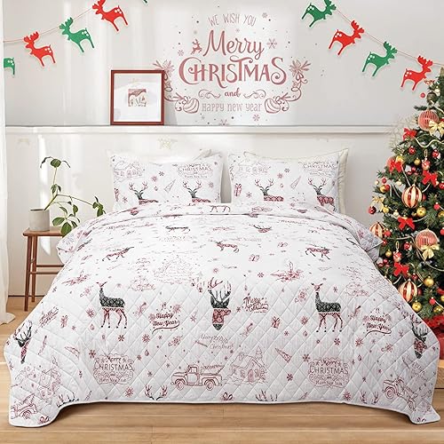 Juego de edredón de Navidad tamaño Queen, juego de cama reversible de vacaciones con renos, juego de ropa de cama de Navidad rojo, juego de colcha