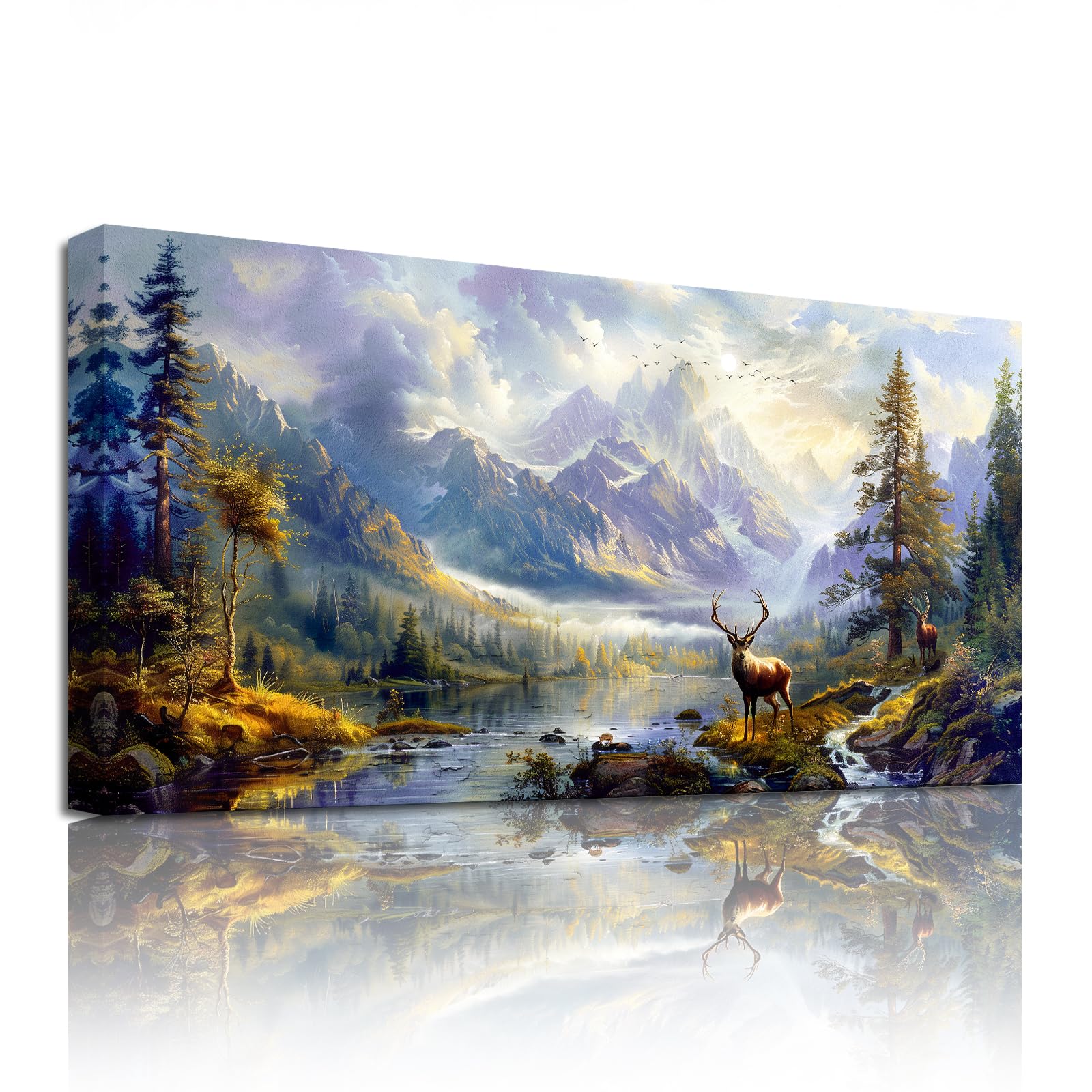 SERIMINO Tableau Decoration Murale Montagne Arbre Paysage 50x100 cm | Motif Montagnes et Lac, Impression HD, Cadre Bois Massif, Installation Simple, Multi Espaces, Cadeau, Grand Format