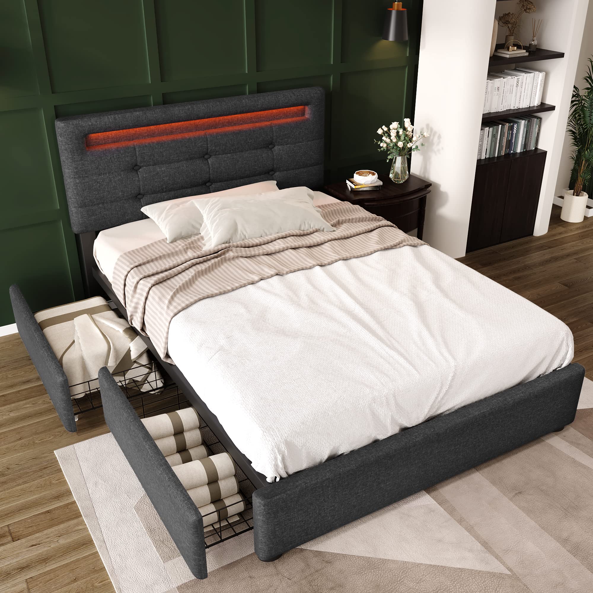 Gestoffeerd bed 90x200 cm met ledverlichting en laden, grijs, in hoogte