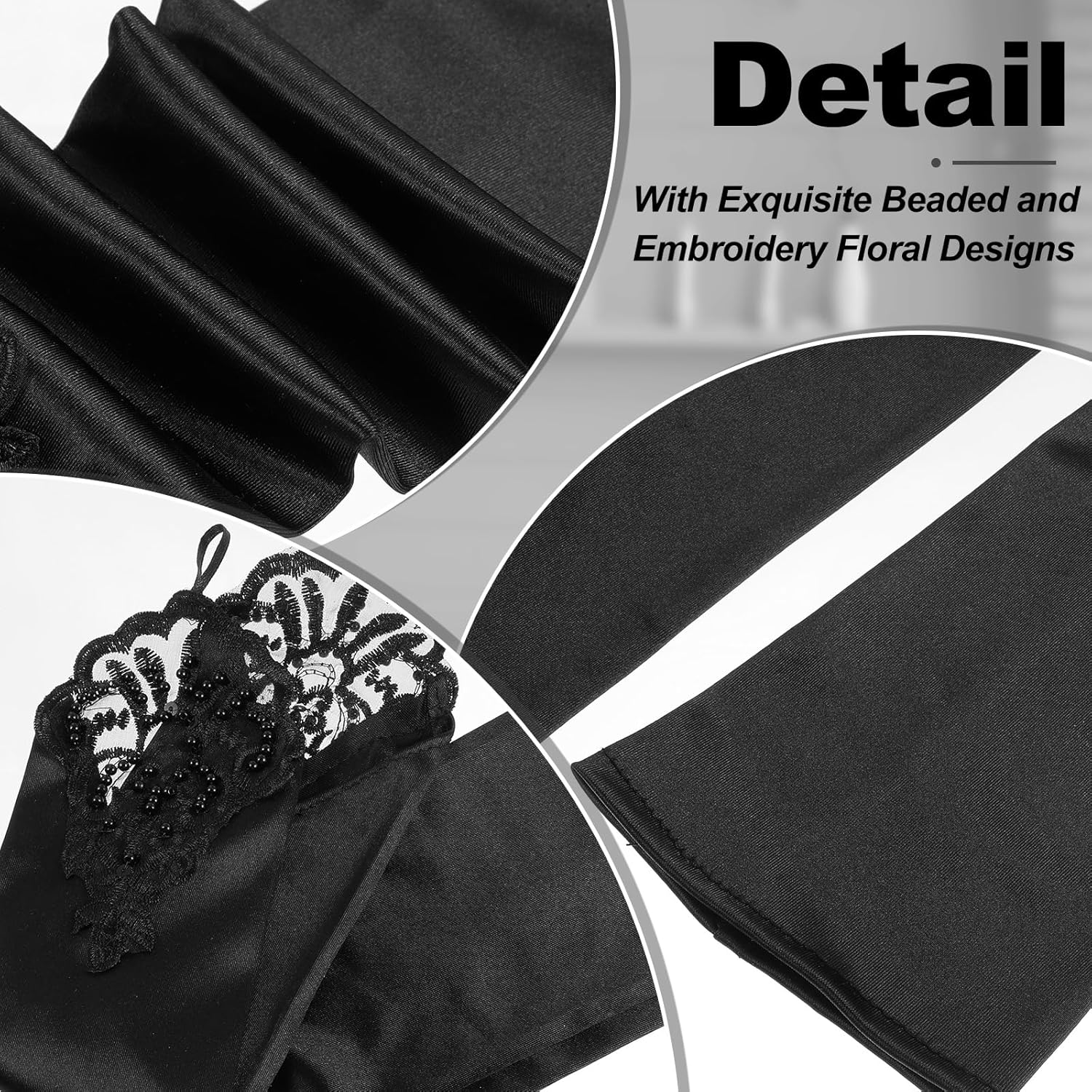 Long Fingerless Satin Gloves, Opera Party Gloves for Women, Elbow Length Silk Glove, 1920s Long Glove, Gatsby Style Costume Accessories for Dances, Banquet, Opera, Wedding, Party and Cosplay (Black) - Image 5