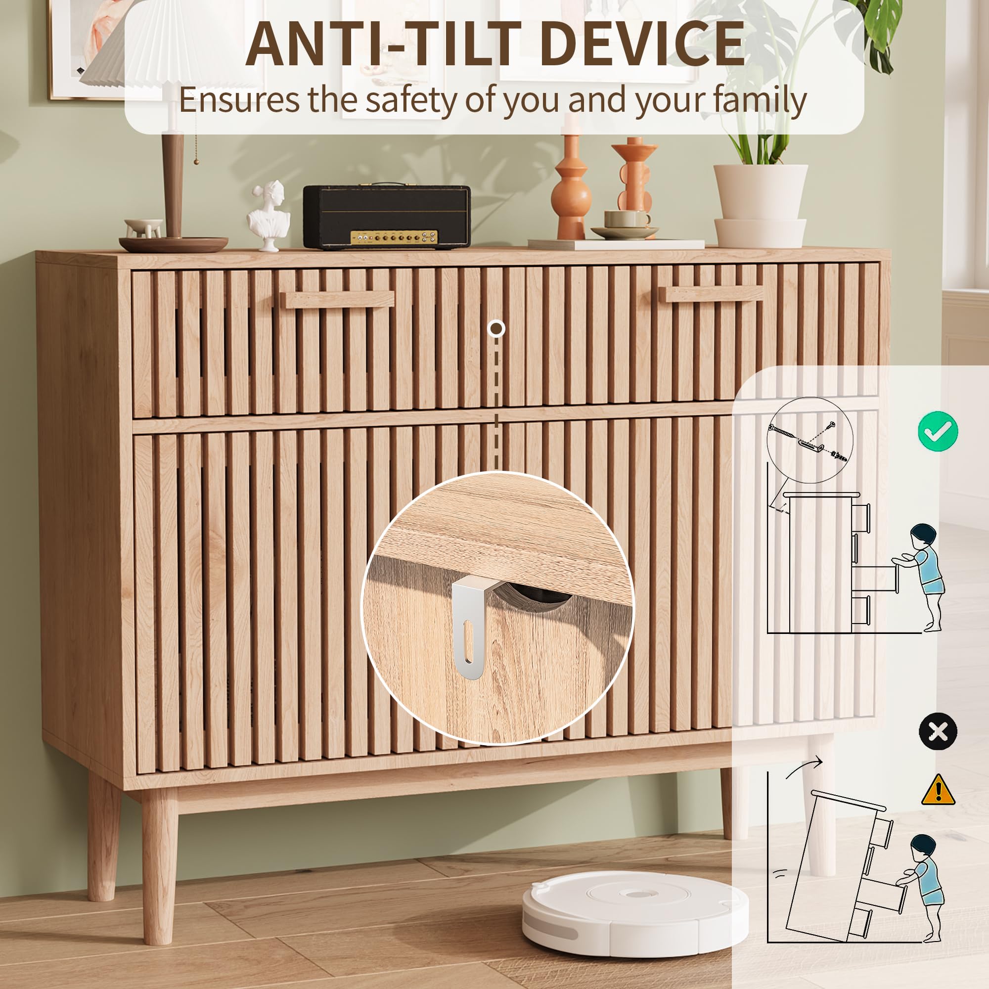 FEEOHOME Buffet Bas, Meuble de Rangement avec 2 Tiroirs et 2 Portes, Commode Multifonctionnel en Bois, Armoire de Cuisine pour Salon, Cuisine, Bureau, 35 x 100 x 80 cm
