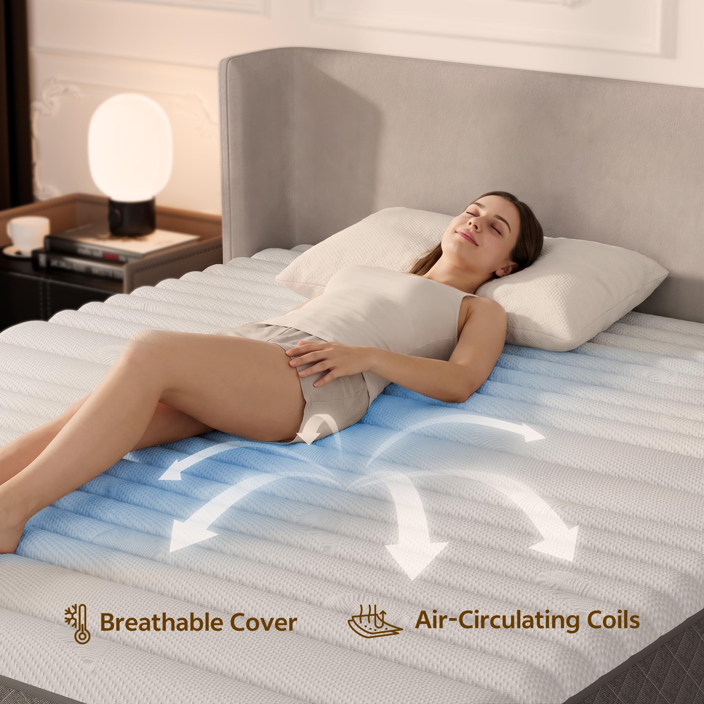 Colchón doble de 12 pulgadas, colchones híbridos de cama doble de 7 zonas, colchón de espuma viscoelástica con muelles ensacados con firmeza media para apoyo corporal y alivio de presión, 135