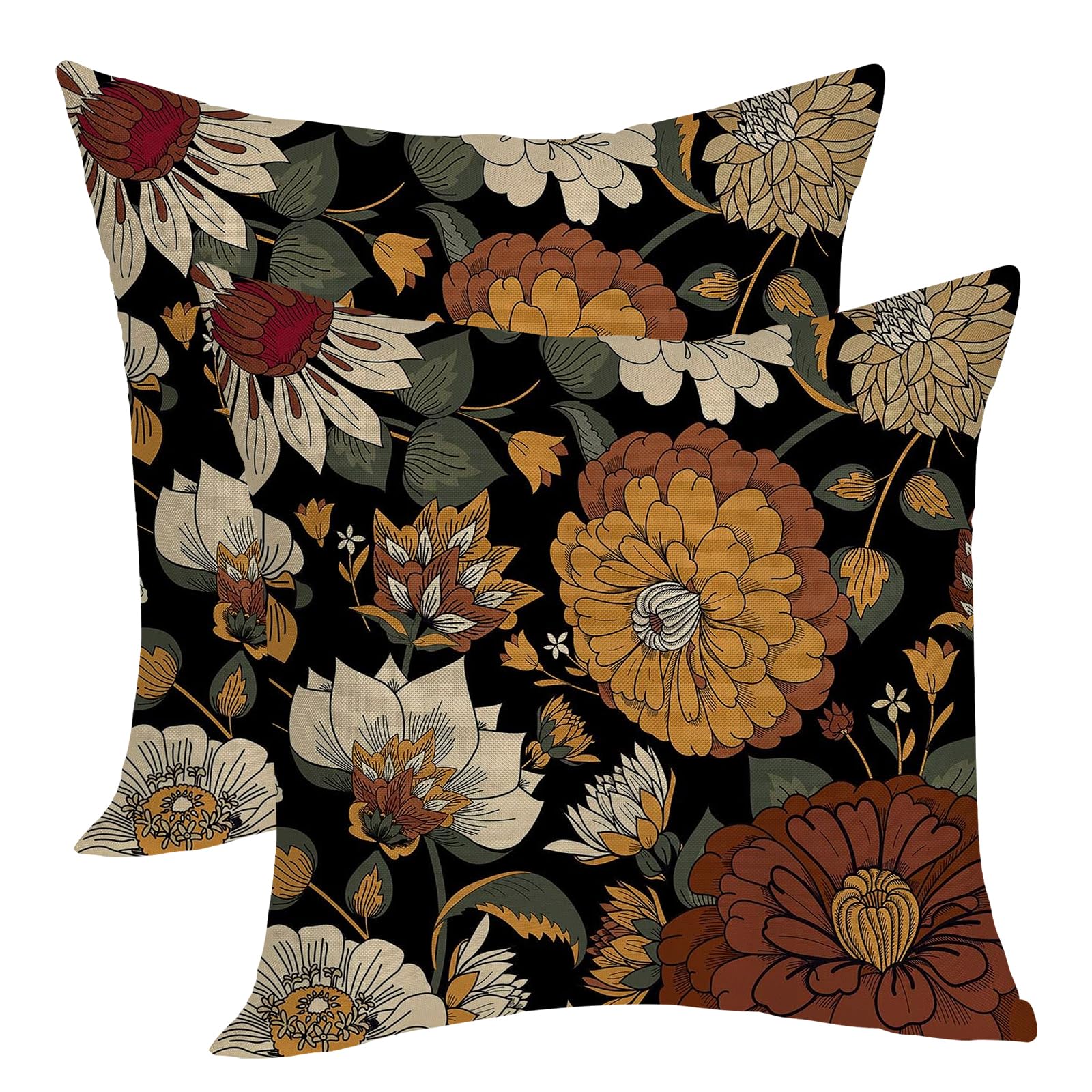 Boho Pillow Covers 18x18 Pack of 2,Vintage Black Floral Throw Pillow Cover Spring Summer Bohemian Botanical Flower Pillowcase Outdoor Decorative Linen