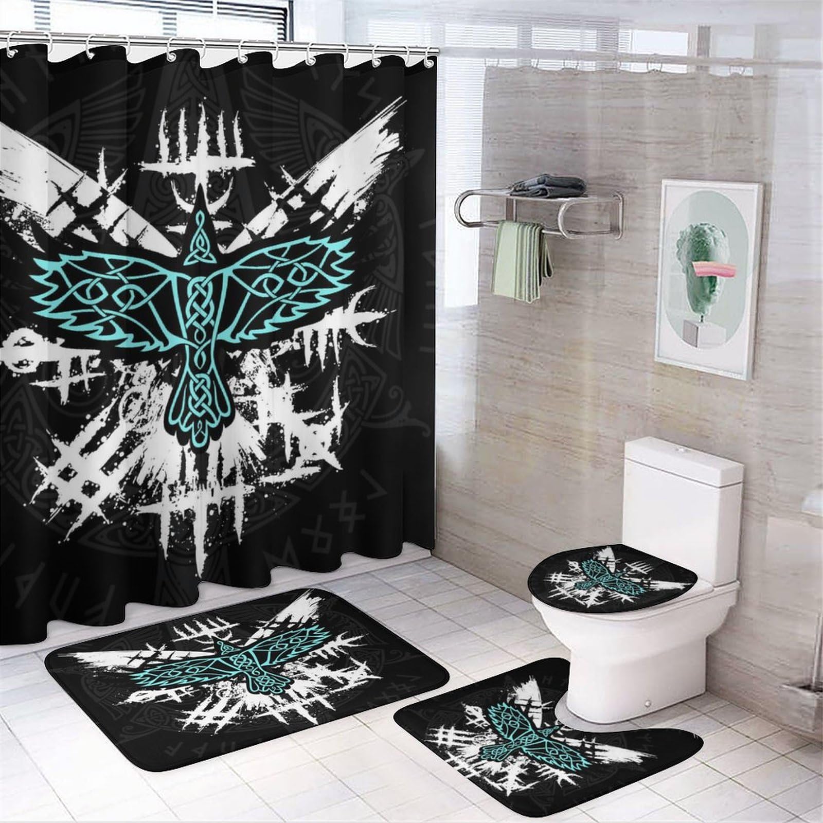 Coalho Norse Vikings 4 Pcs Bathroom Decorative Set Abstract Mid Century Mythology Mystical Symbol Design Shower Mat Shower Curtain With Rug 12 Hooks,183X183cm