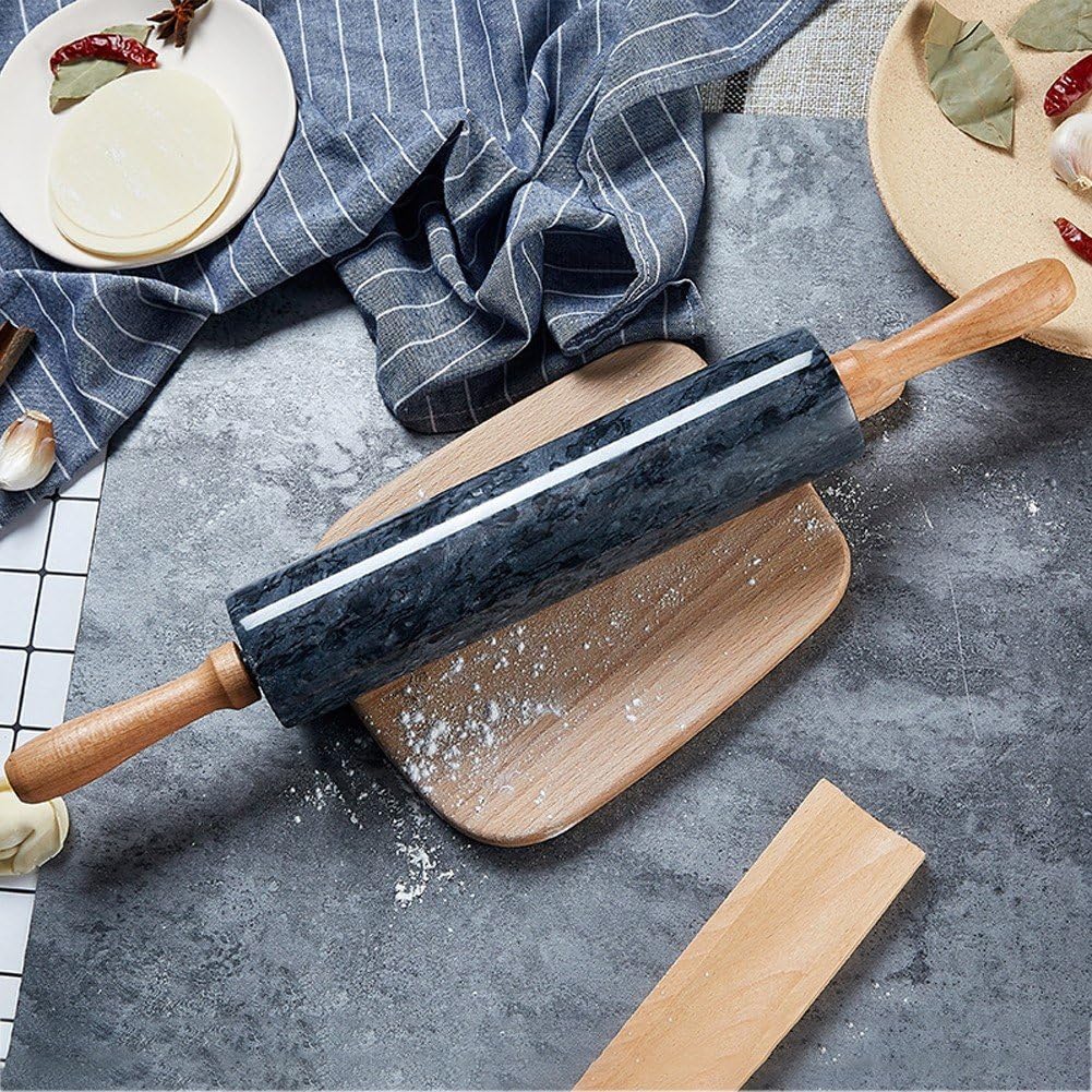 Mattarello in Marmo con Manico Spesso in Legno per Cottura Forno, Rullo Lucidato di qualità Premium 45 Cm per Pasta per Pizza, Fondente, Crosta di Torta, Superficie Antiaderente Facile Pulire