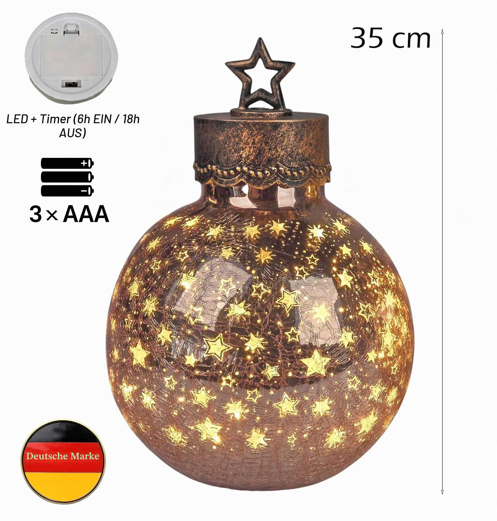formano LED Deko-Kugel 30 cm Sterne Rose-Gold Glaskugel Timer 6h/18h beleuchtet - Batteriebetrieben - Herbst Winter Weihnachtsdeko für Tisch Regal Fensterbank