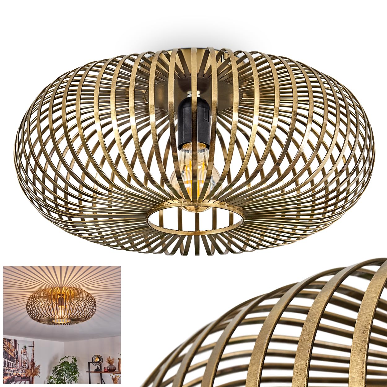 HOFSTEIN Deckenleuchte Oravi, Deckenlampe aus Metall in Messing-Antik, Leuchte im Industrial/Retro/Vintage-Design, Lichteffekt durch Gitter-Optik, Ø 40,5 cm, E27, Wohnzimmer, Esszimmer, Schlafzimmer