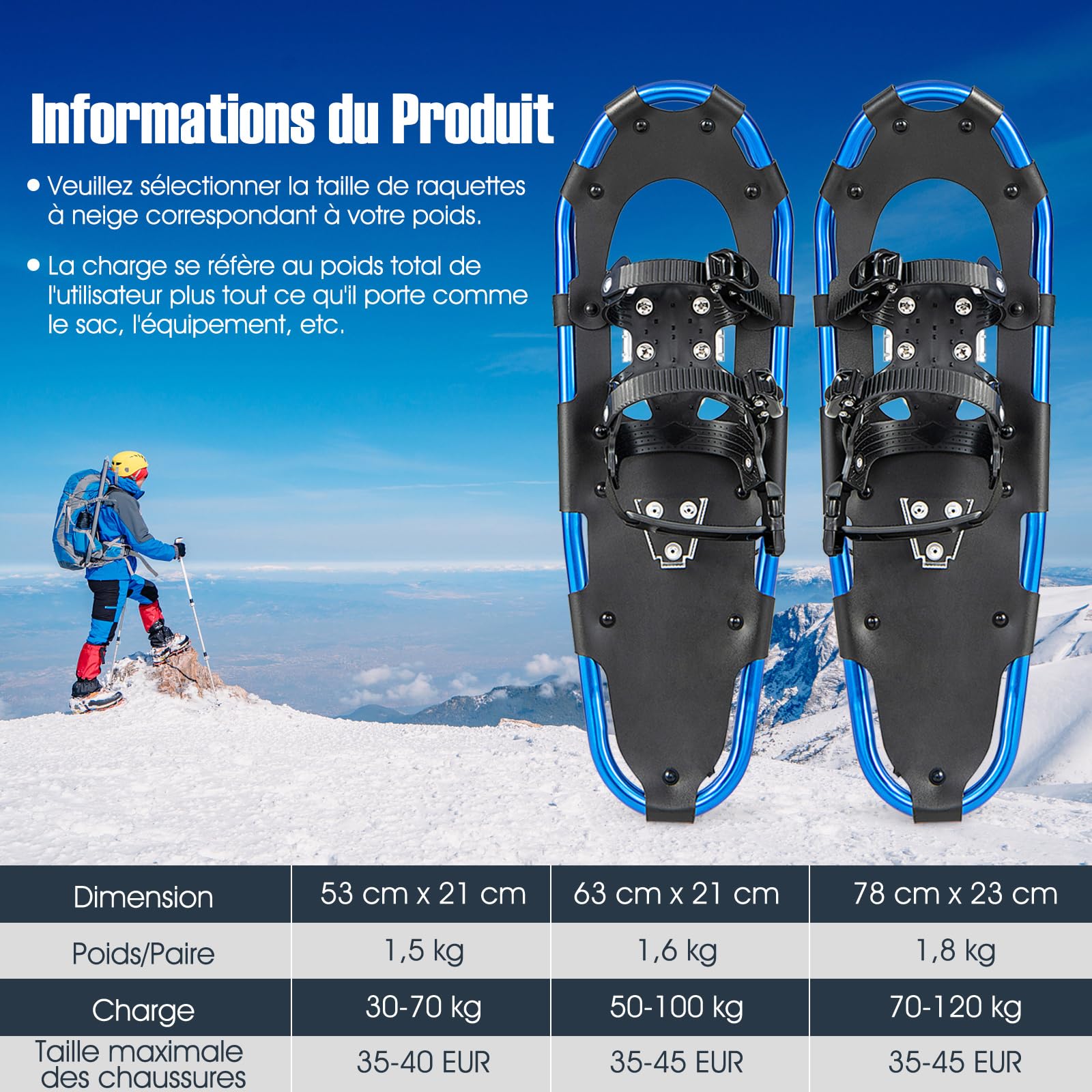 COSTWAY Set de Raquettes à Neige 4 en 1 Aluminium pour Adultes Jeunes, Chaussures Neige Randonnée avec Bâtons Réglable Sac Transport Pointure 35-45, Charge 30-130kg