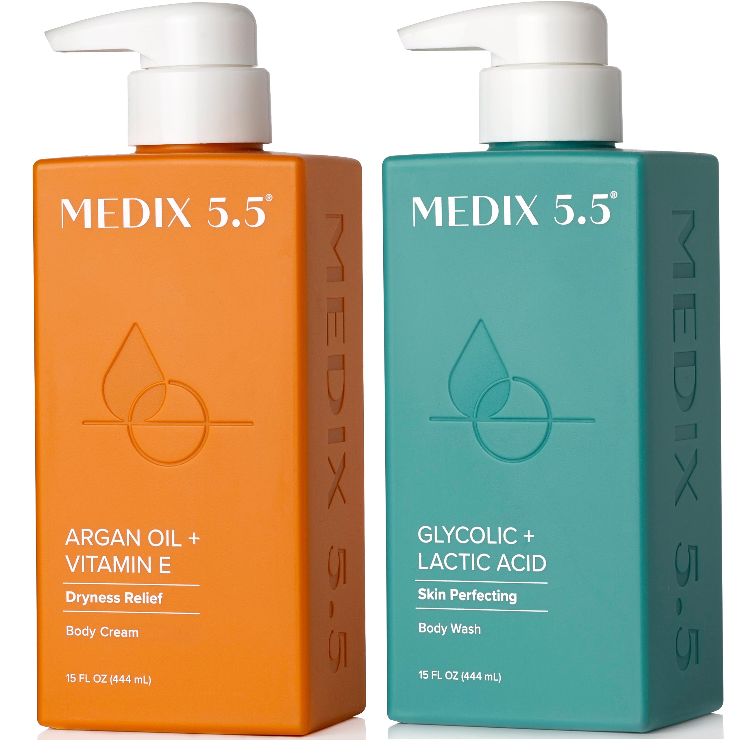 Medix 5.5 Glycolic Acid Exfoliating Face & Body Wash Cleanser + Argan Oil Moisturizing Body Cream Lotion 2PC Skin Care Set | Alpha Hydroxy Acid & Lactic Acid Foaming Face Wash, 2PC Set
