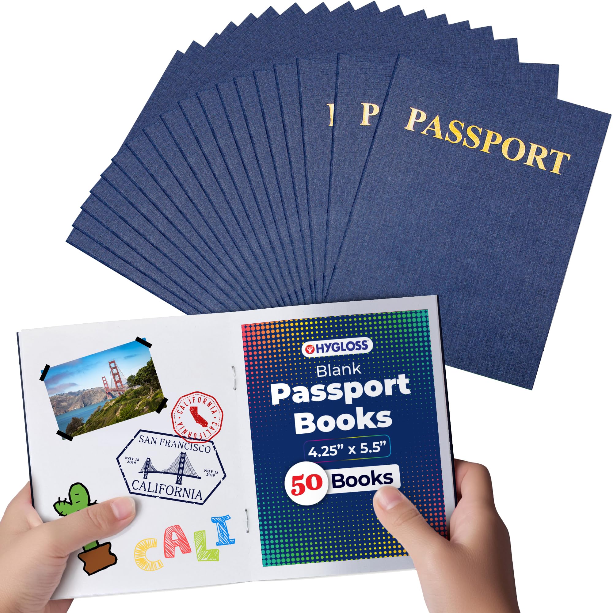 Hygloss 50 Blank Passport Books - 4.25 x 5.5-Inch - Fake Blue Passports - Travel Journal - Fun Pretend Activity for Kids - Classroom and Party Favors - Imaginary Travel - 24 Blank Pages - 50 Books