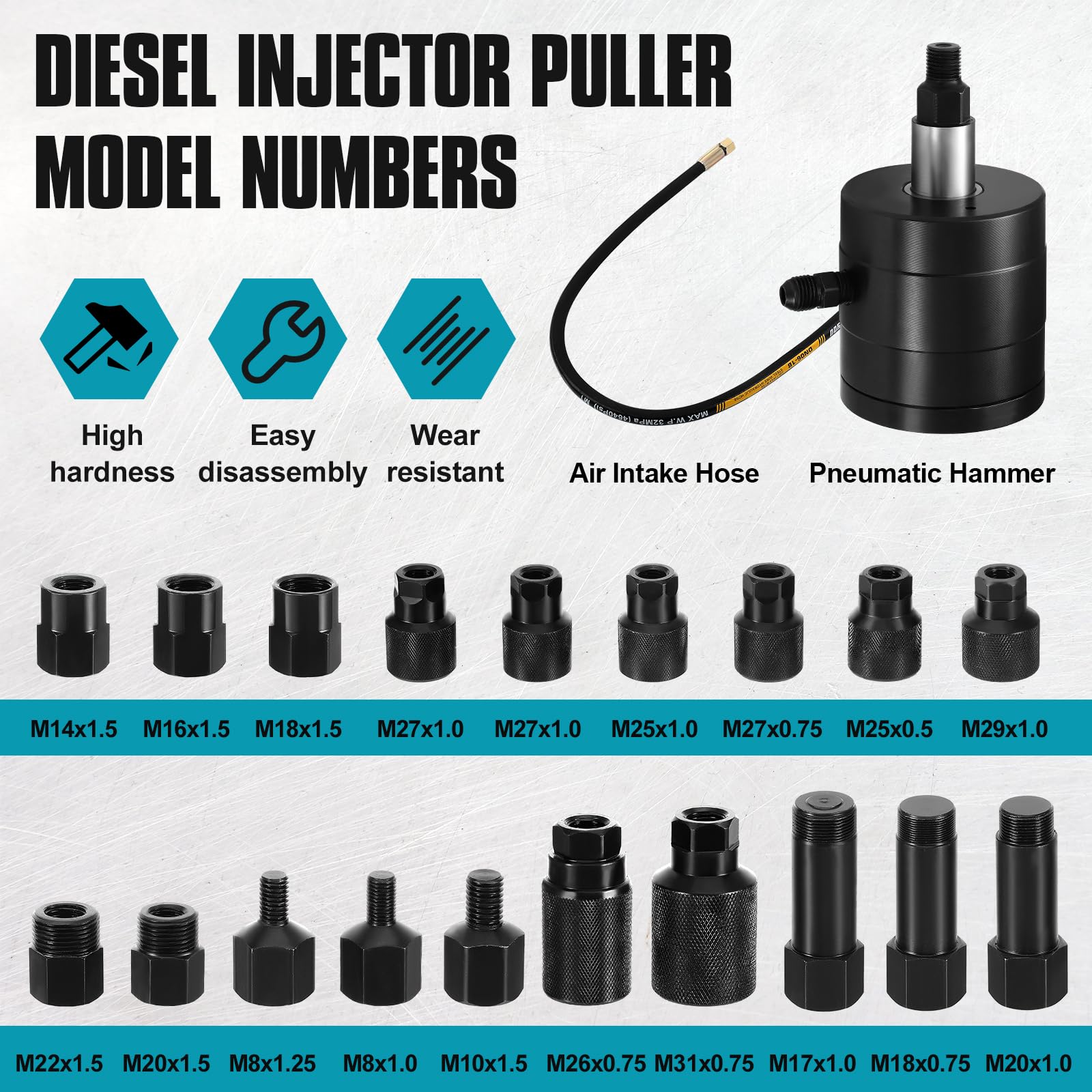 HSEAMALL Set di 21 estrattori pneumatici per iniettori diesel con adattatori, nero