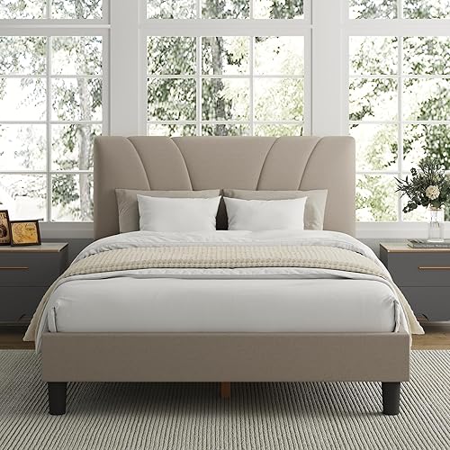 Miniatura 3 de Base de cama Avenco tamaño Queen con plataforma tapizada y cabecera ajustable, soporte de listones de madera, fácil montaje, no requiere somier,
