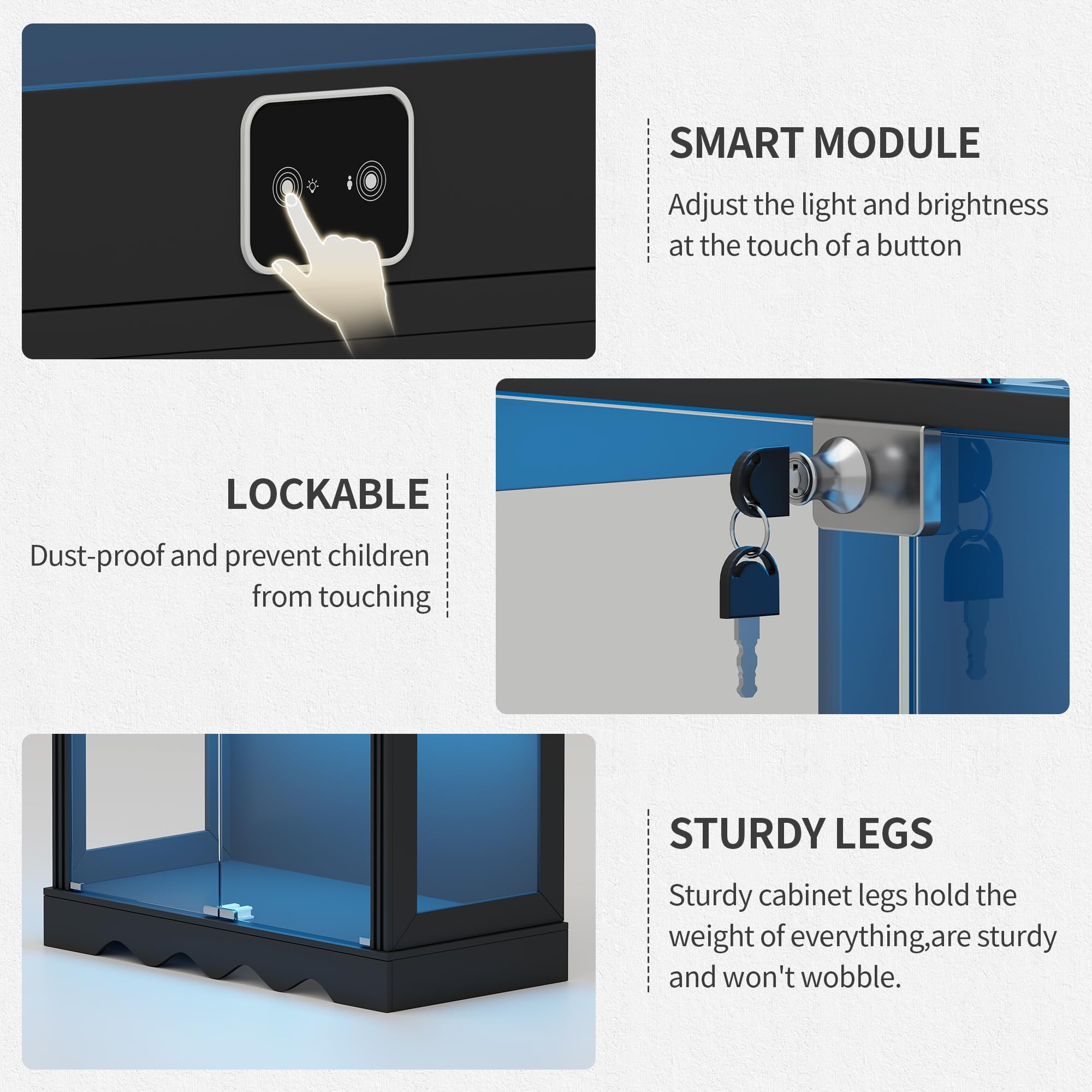 Lvifur Vitrina de cristal de 5 capas de 180 cm, con iluminación LED y puertas de cristal, color negro | Vitrina con sensor inteligente para coleccionables