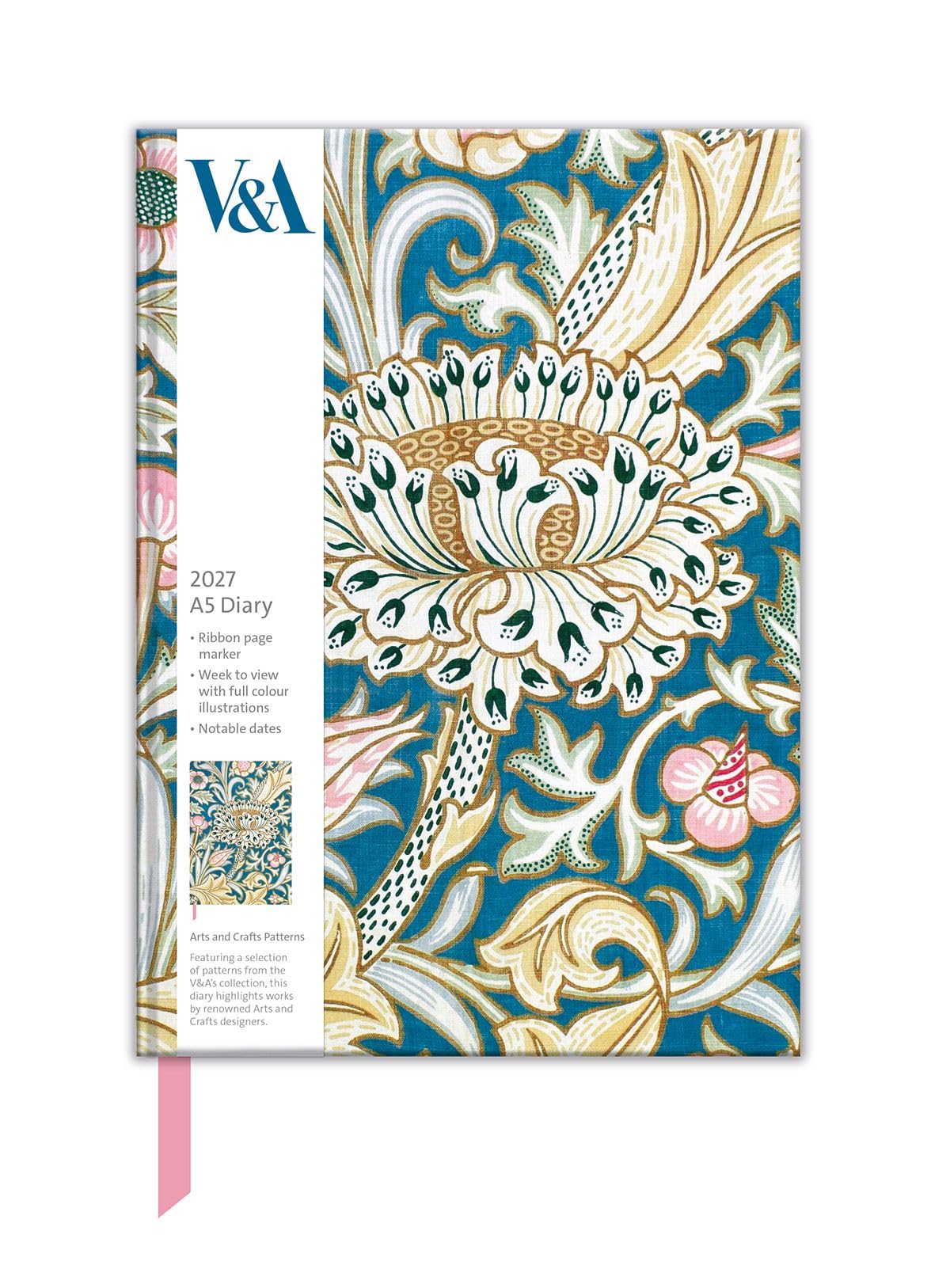 Museums & Galleries 2027 A5 Diary - Week to View Desk Diary - Designer Patterns - UK Planner with Ribbon Bookmark - V&A Design