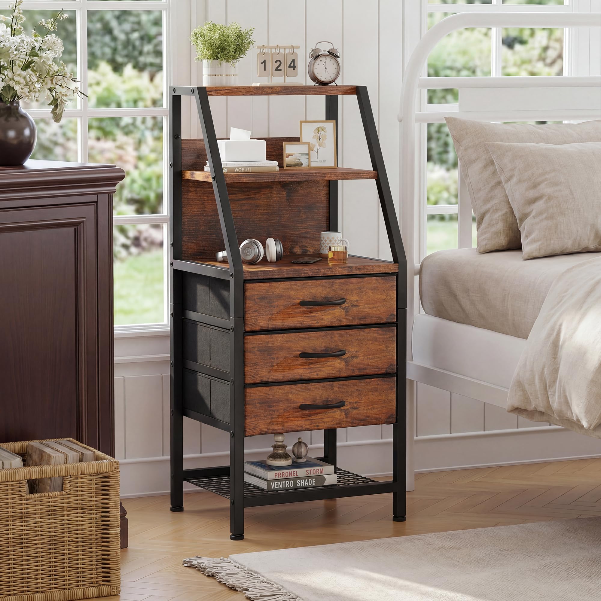 Feonase Breiter Nachttisch mit 3 Stoffschubladen und offenem Fach, geeignet für Schlafzimmer, Sofa und kleine Wohnzimmer, Vintage-Farben