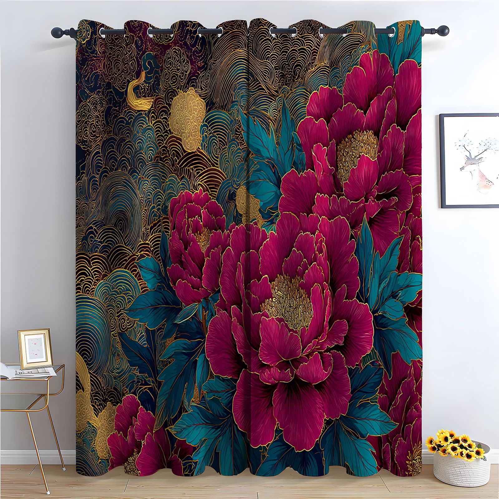 TERUEA Curtains for Bedroom Living Room Contemporary Artistic Landscape Window Treatments, Luxury red peony golden oriental vintage floral Mountain Curtains-28 W x 63" L (Pack of 2)