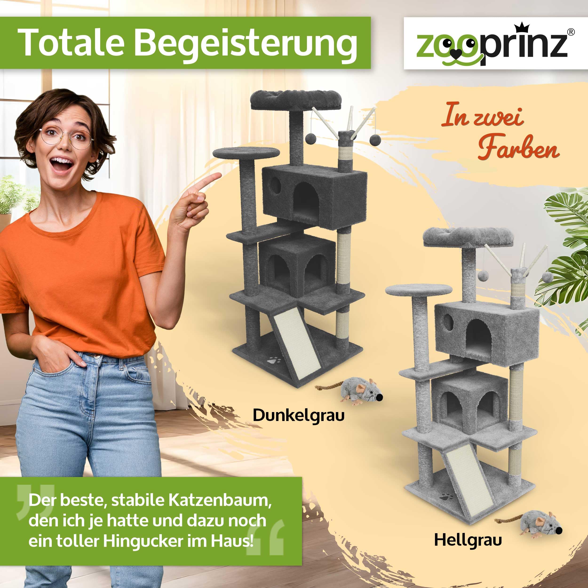 zooprinz Premium Kratzbaum XXL – Katzenbaum für große Katzen | Breiter Kletterturm mit dicken Sisal-Säulen, Höhle, Hängematte, Bällen, Seil und Plüschmaus, Dunkelgrau