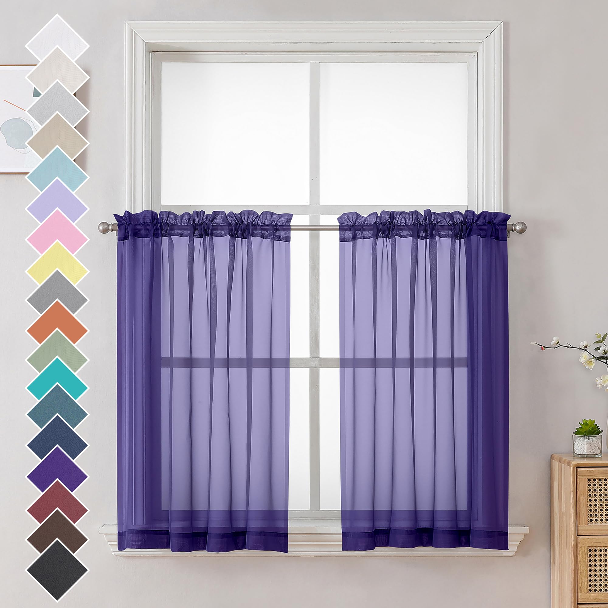 OVZME Purple Kitchen Sheer Curtains 36 inches Long, Short Kitchen Window Treatment Solid Sheers Cafe Curtains Bathroom Voile Half Window Curtains 2