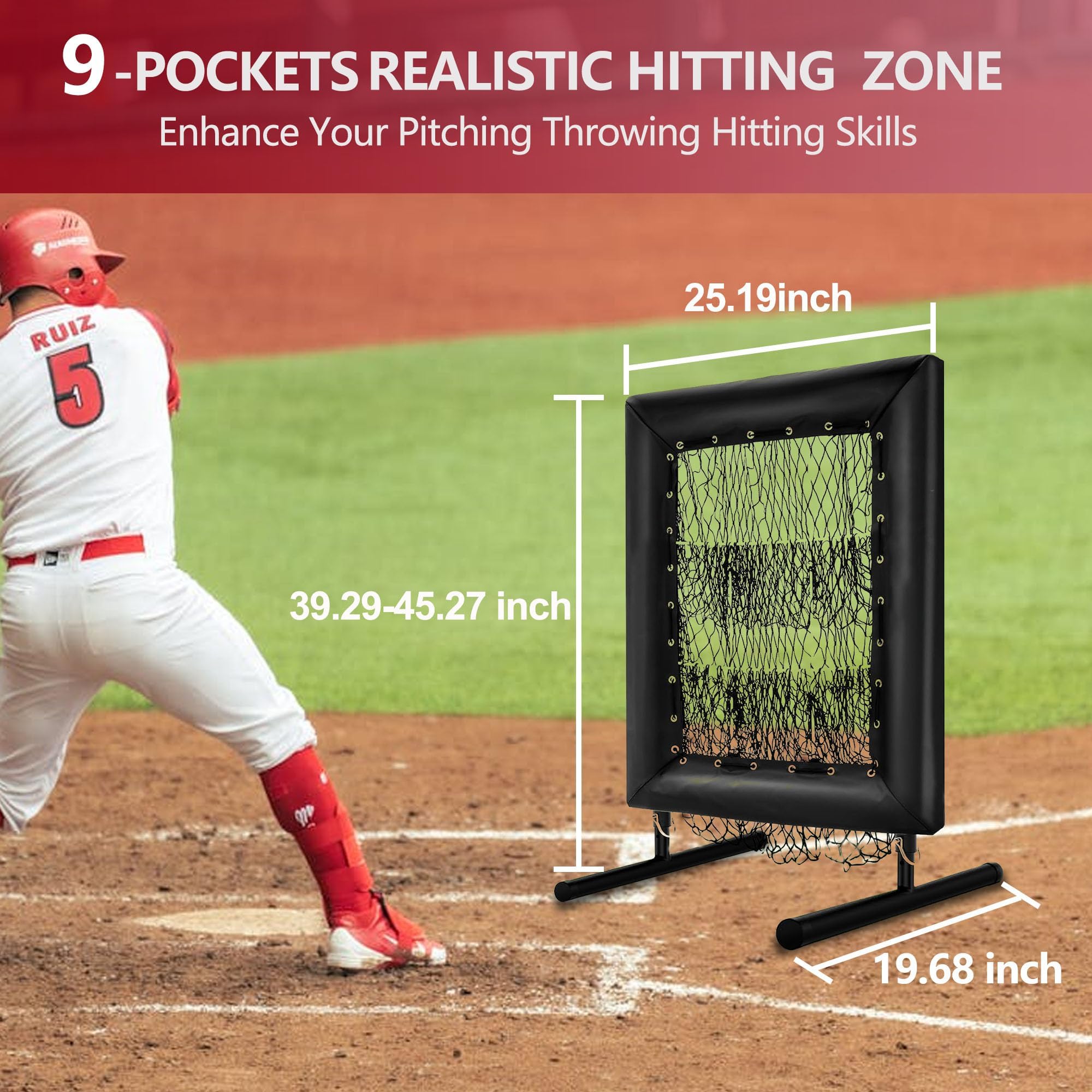 Red Lanzamientos Béisbol y Sóftbol 9 Agujeros Con Zona De Puntería, Reboteador Regulable En 5 Alturas. Incluye Placa Base, Goma De Lanzar, 4 Estacas u y 4 Sacos Arena Para Entrenar Bateo y Lanzamiento