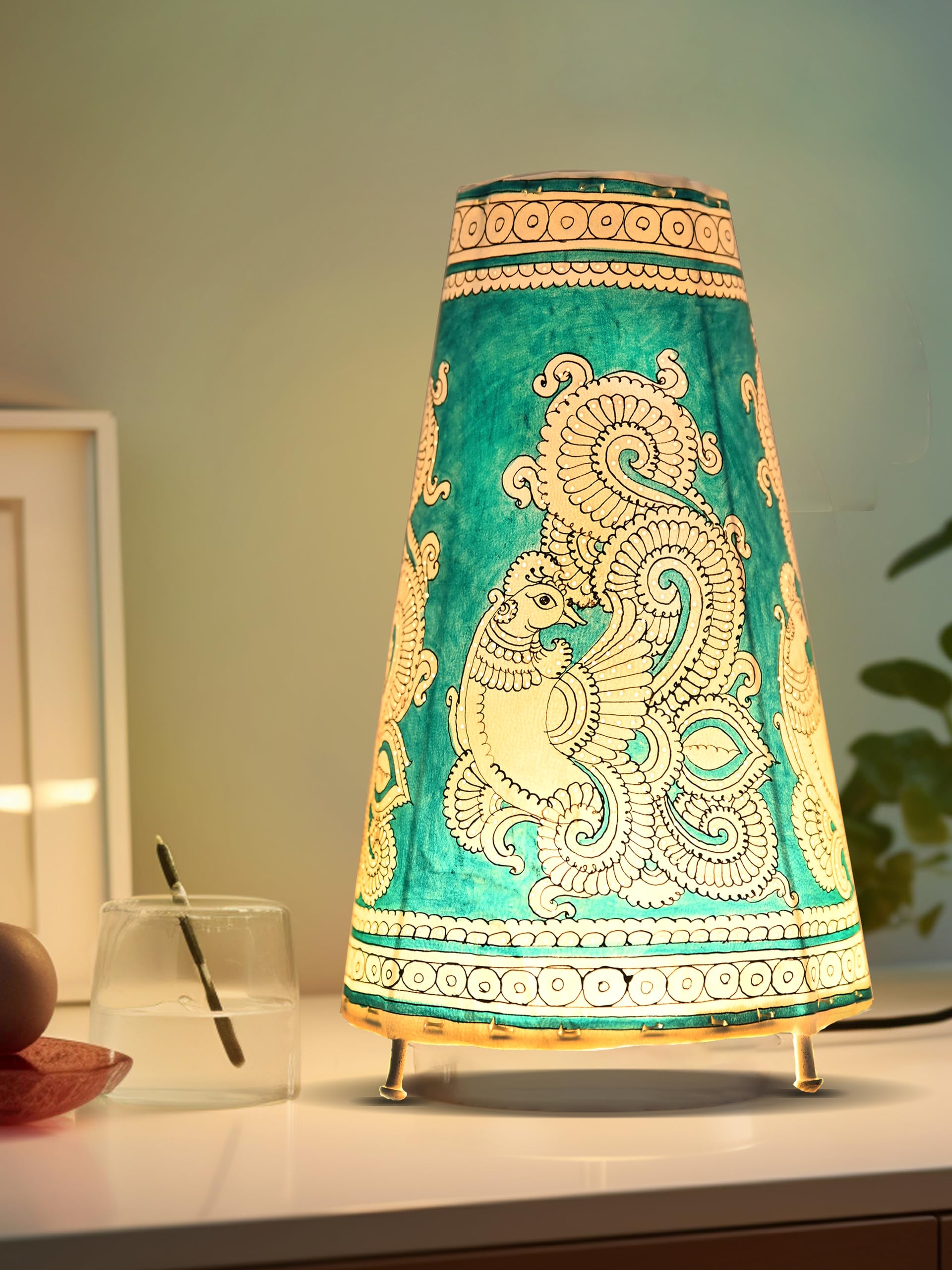 SHILP KATHA Handicraft Leather Table Lamp for Home Decoration | Handmade Side Table Lamp Shade for Bedroom Decor | Decorative Festival Gift for Living Room, Desk, Spiritual Décor | Peacock Spread