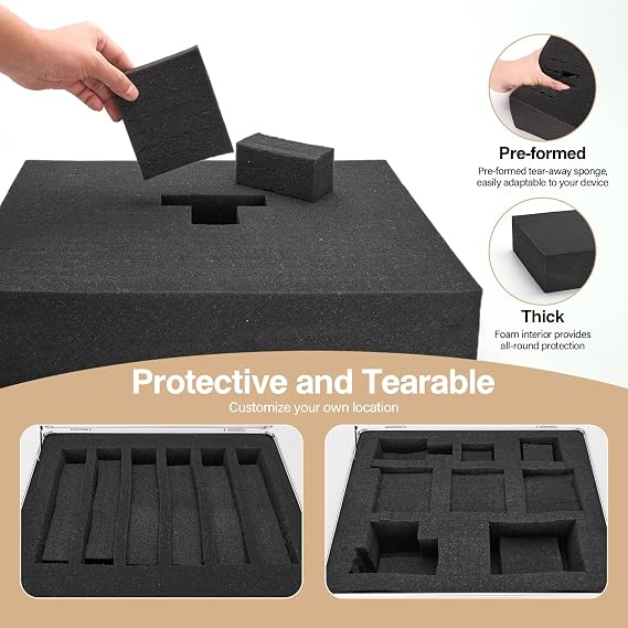Storage Lock Box - 14.2 x 9.4 x 4.5 Inch, Portable Briefcase, Aluminum Flight Case with Padded Foam, Lockable Protective Storage Box for Personal Items, Valuables, Tools - Black