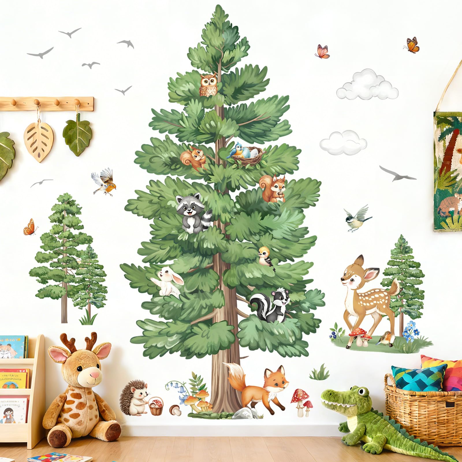 decalmile Pine Tree Animals Woodland Deer Fox Wall Decals Stickers (XL)