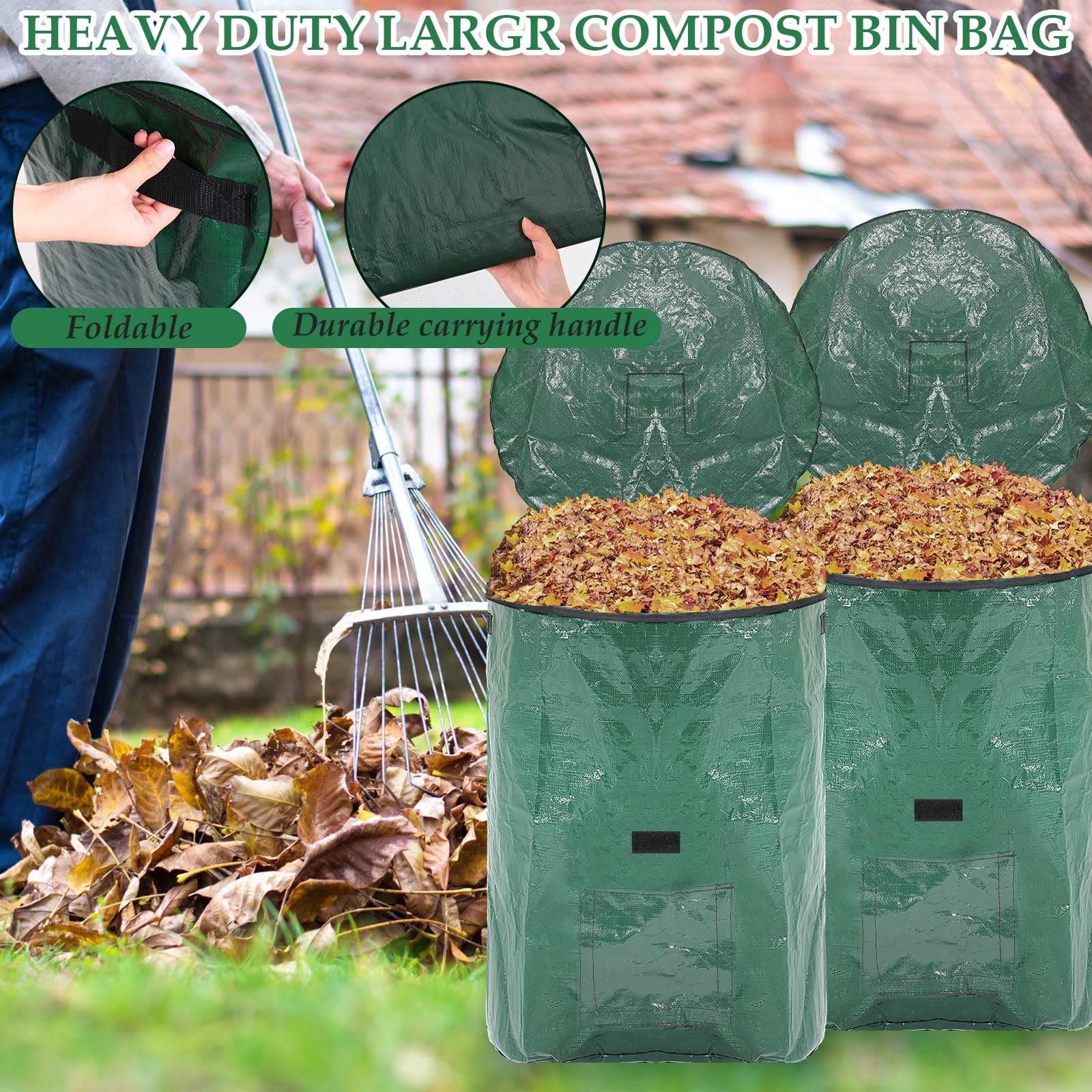 Berlune 4 sacchetti riutilizzabili per rifiuti da giardino, resistenti, con coperchio e manici, sacchetti per rifiuti da giardino, per esterni, rifiuti, foglie, rifiuti, erba e ritagli (300 litri)