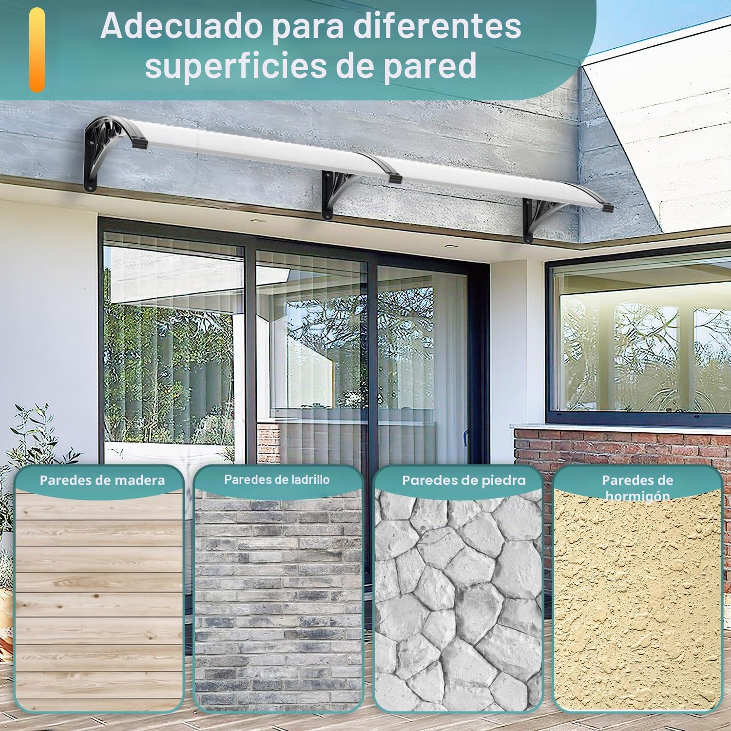 Marquesina para puerta de casa de 120 x 100 cm, toldo de policarbonato de 6 mm, soporte de PP, toldo transparente con arco de arco, extremadamente resistente a la intemperie, protege contra la