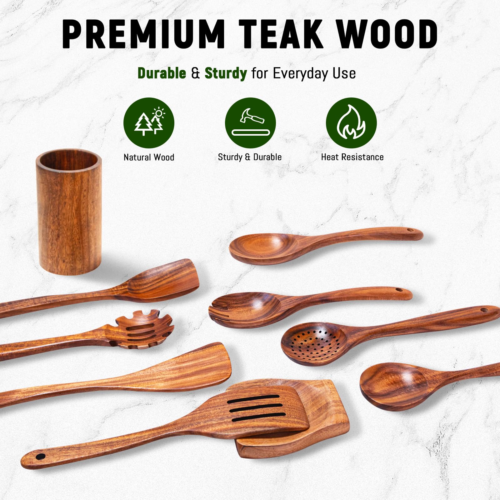 Holzlöffel zum Kochen, natürliches Teakholzutensilien-Set, 10-teiliges handgefertigtes Küchenhelfer-Set aus Holz mit Halter und Löffel, langlebiges Antihaft-Küchen-Kochgeschirr-Werkzeug