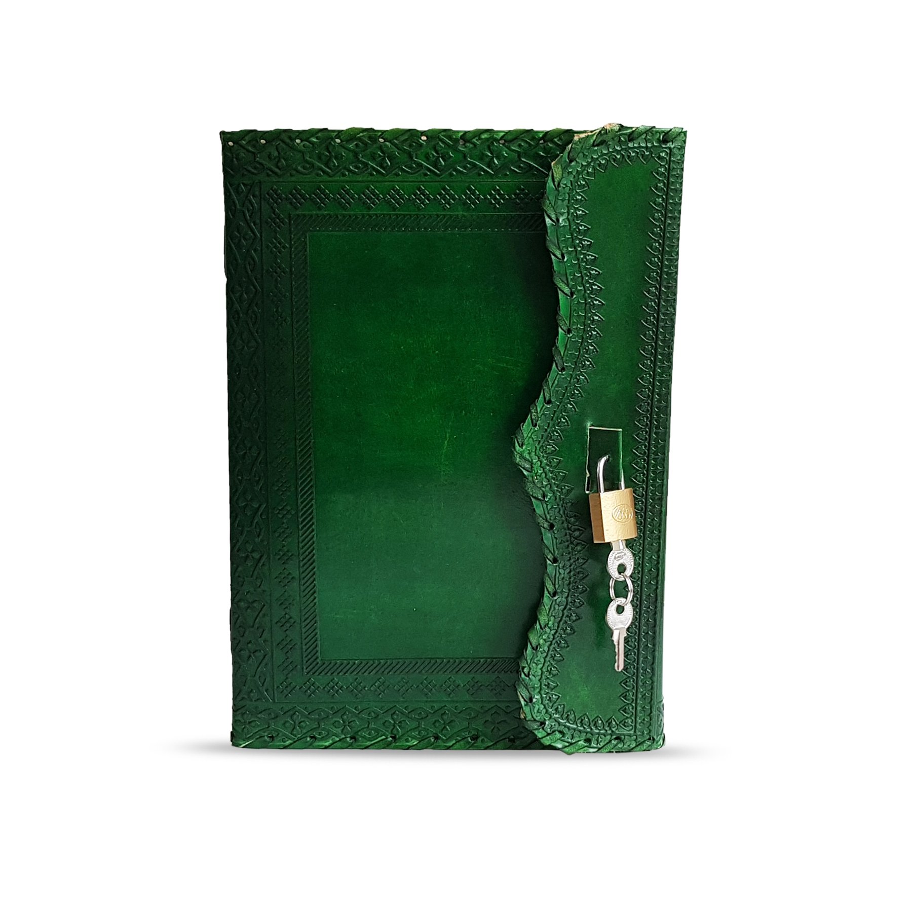 Jaald 25 cm Bloc-notes Carnet Cahier Feuilles Leather journal Intime avec Couverture en Cuir Fait à la Main Verrouiller Cadenas - Vert